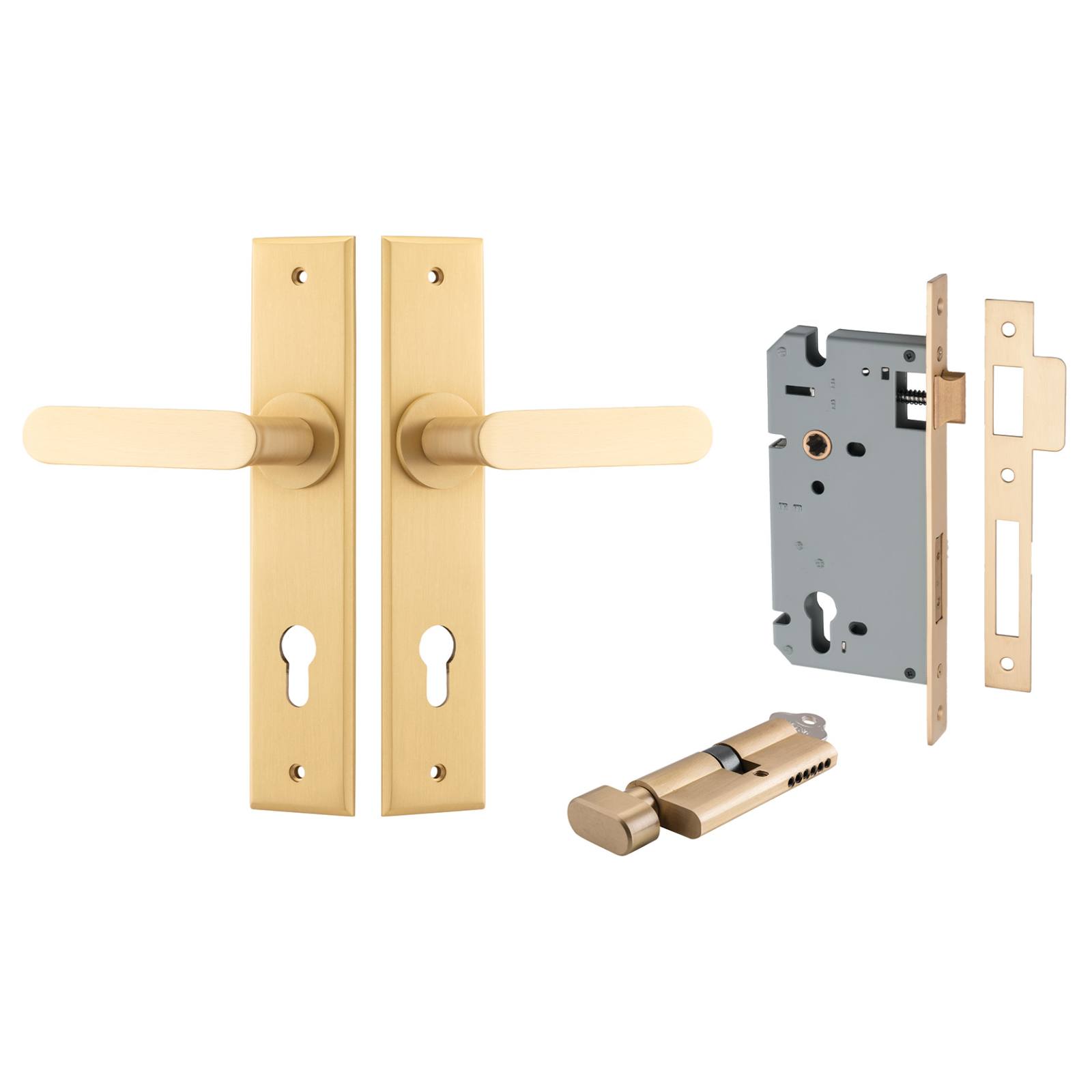 Bronte Lever Chamfered Backplate Entrance Kit w High Security Lock Brushed Brass