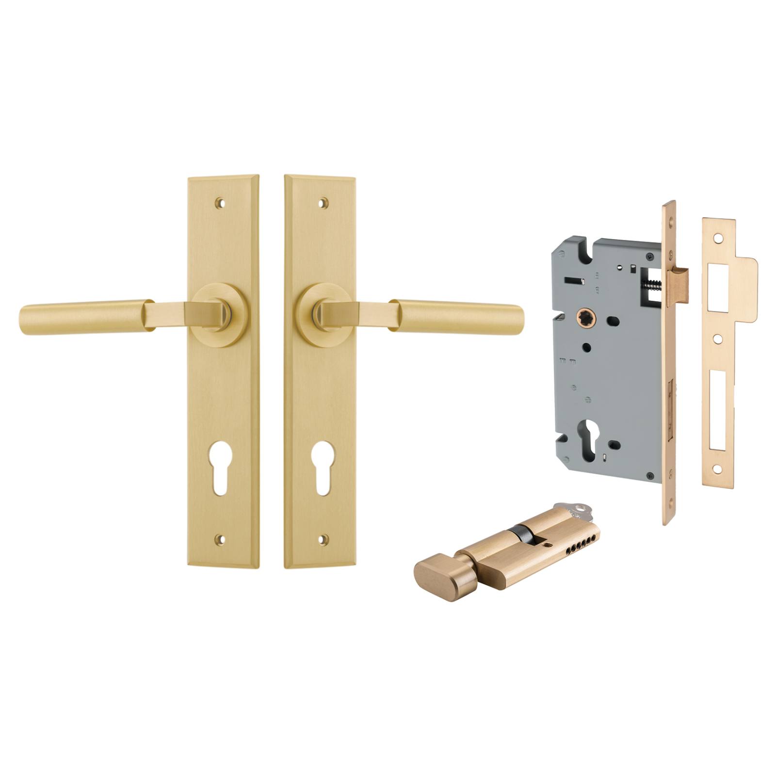 Berlin Lever Chamfered Backplate Entrance Kit w High Security Lock Brushed Brass