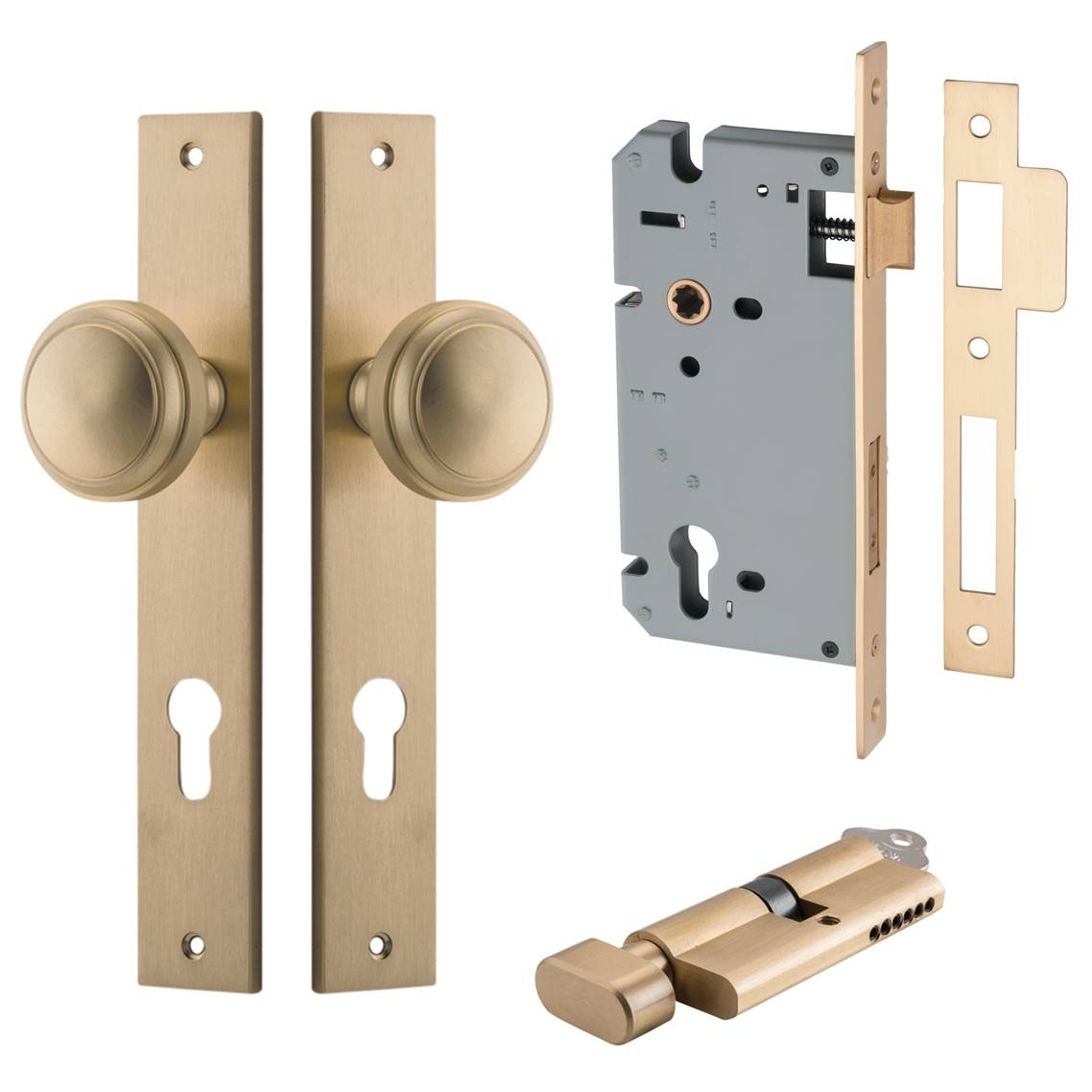 Paddington Knob Rectangular Backplate Entrance Kit w High Security Lock Brushed Brass