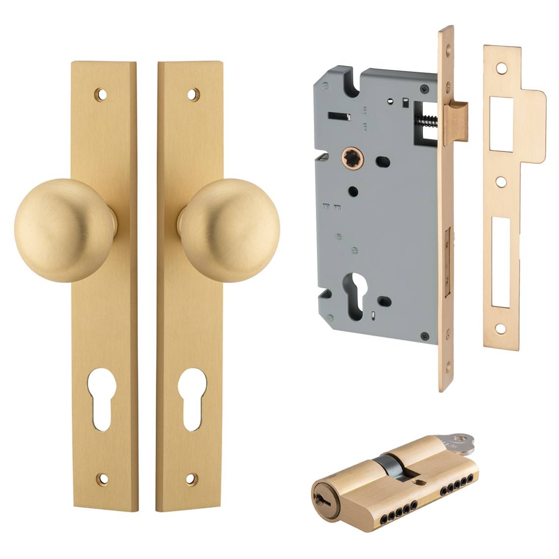Cambridge Knob Rectangular Backplate Entrance Kit w High Security Lock Brushed Brass