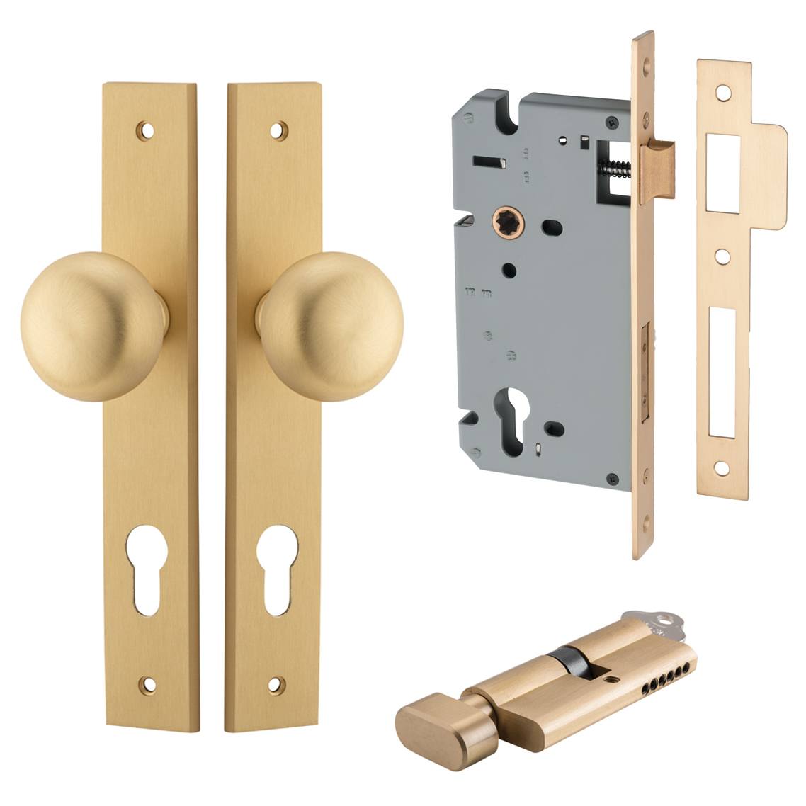 Cambridge Knob Rectangular Backplate Entrance Kit w High Security Lock Brushed Brass