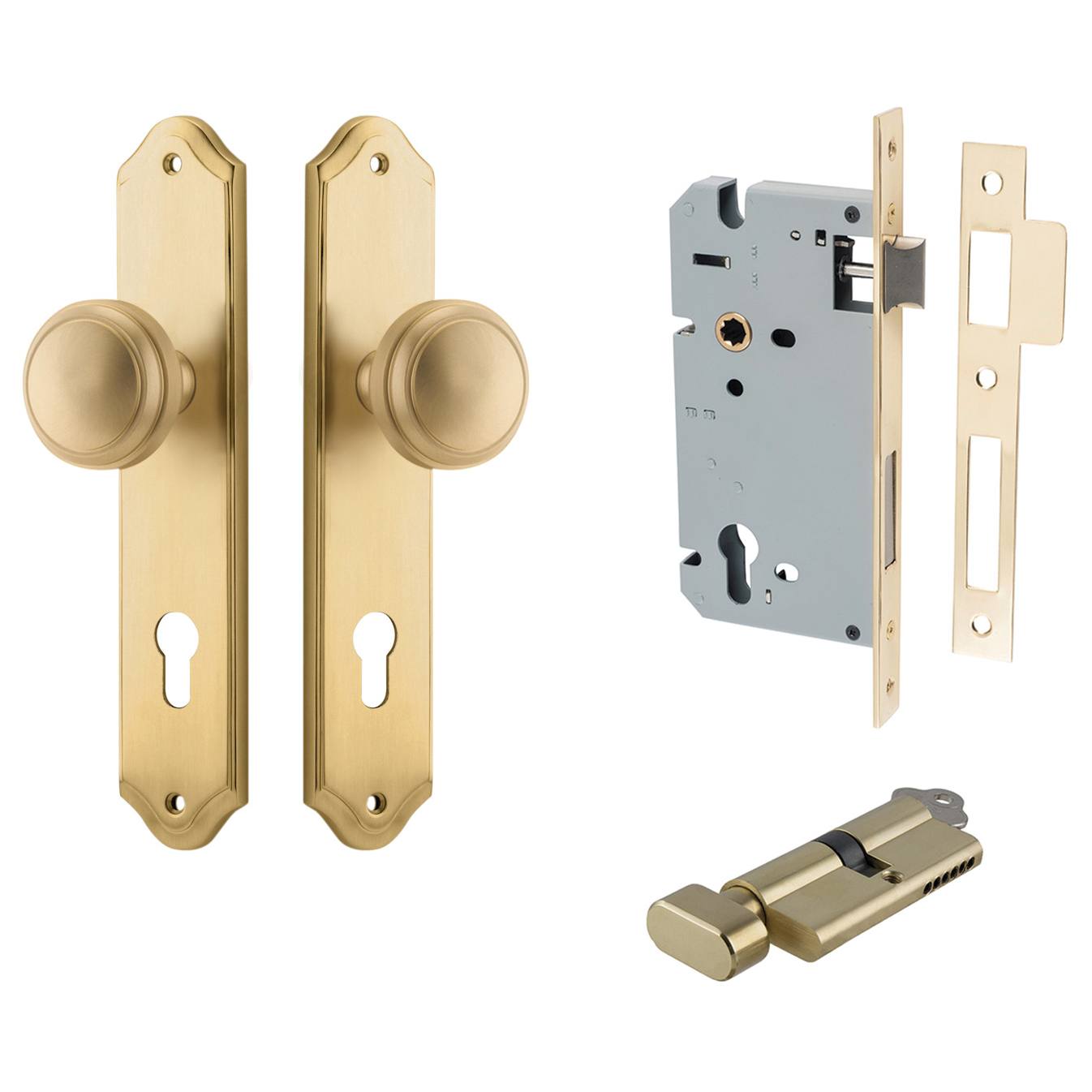 Paddington Knob Shouldered Backplate Entrance Kit w High Security Lock Brushed Brass