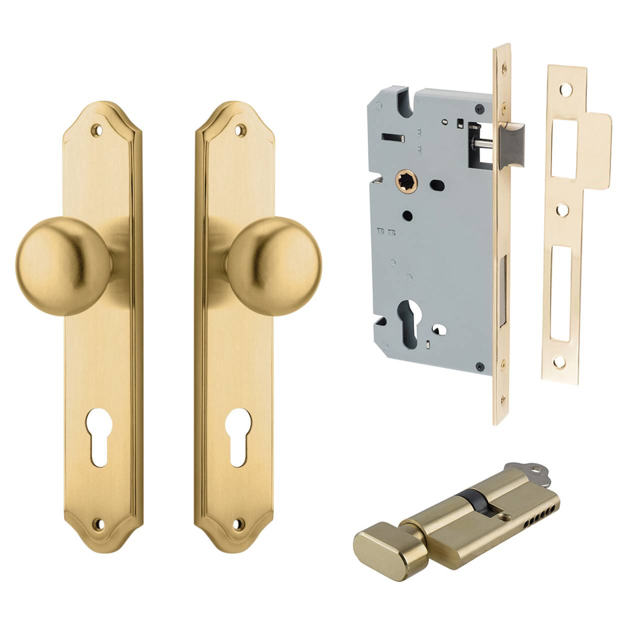 Cambridge Knob Shouldered Backplate Entrance Kit w High Security Lock Brushed Brass
