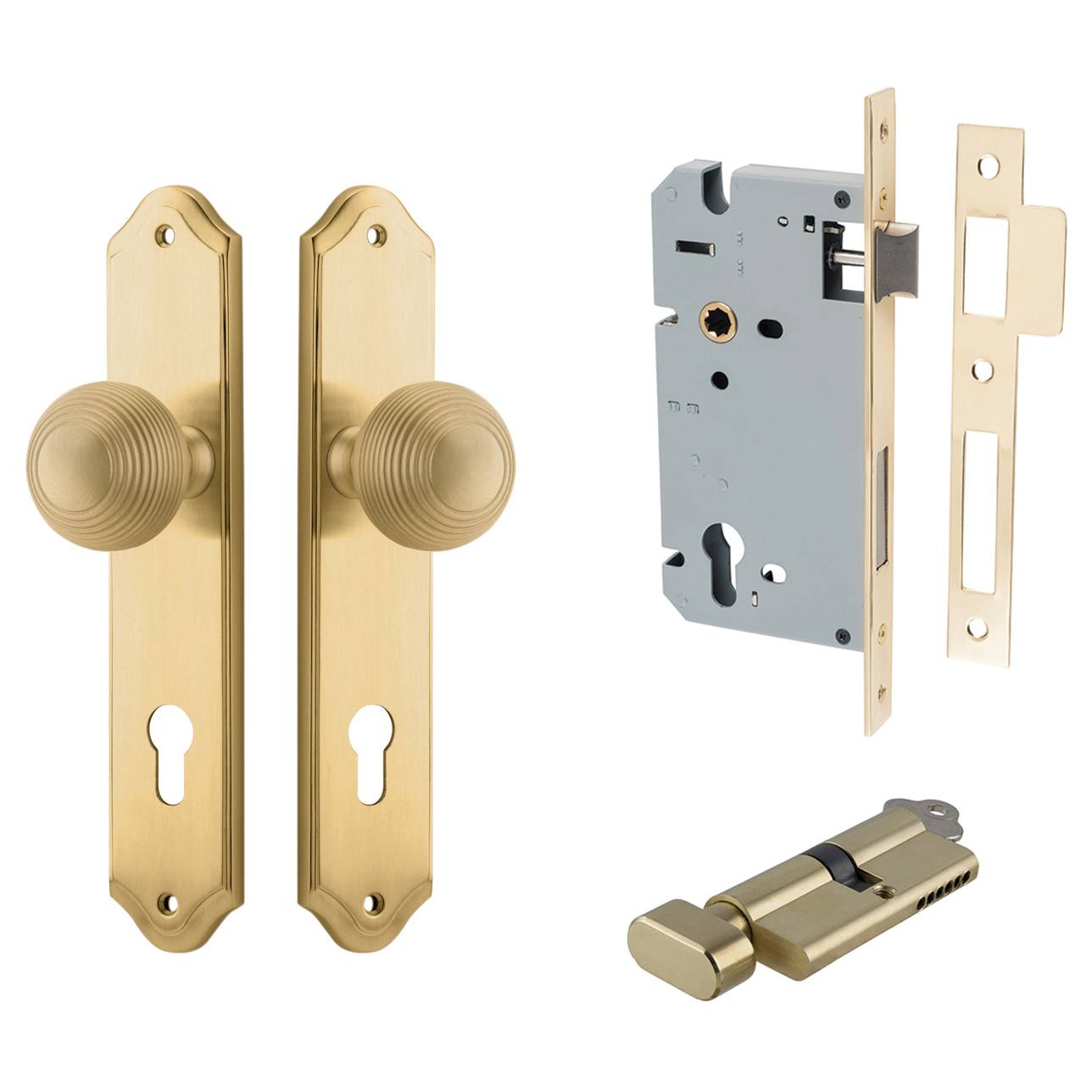 Guildford Knob Shouldered Backplate Entrance Kit w High Security Lock Brushed Brass