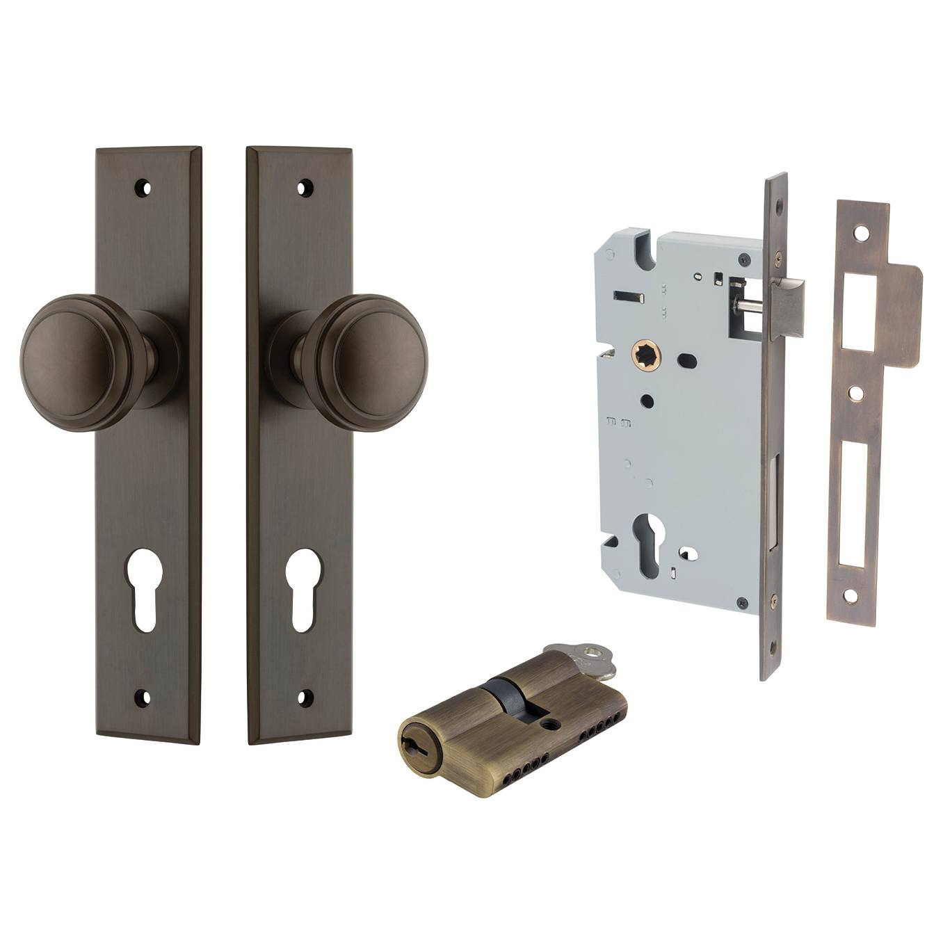Paddington Knob Chamfered Backplate Entrance Kit w High Security Lock Signature Brass