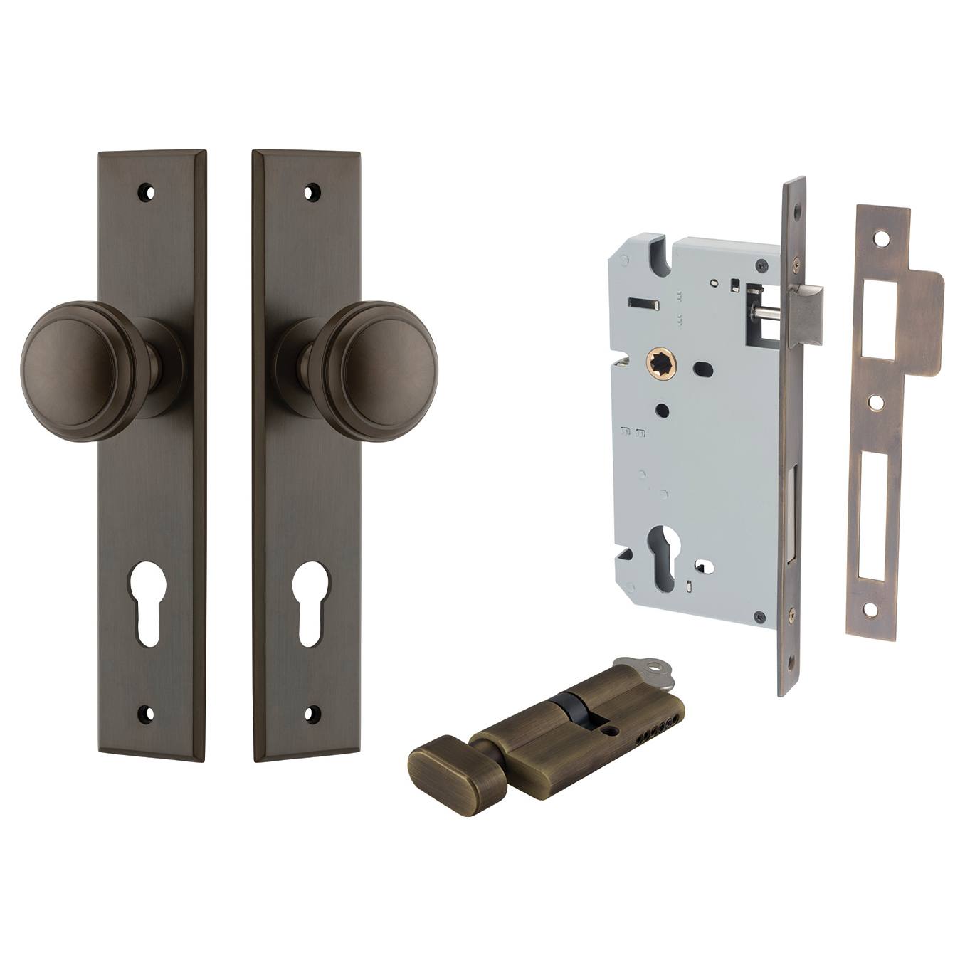 Paddington Knob Chamfered Backplate Entrance Kit w High Security Lock Signature Brass