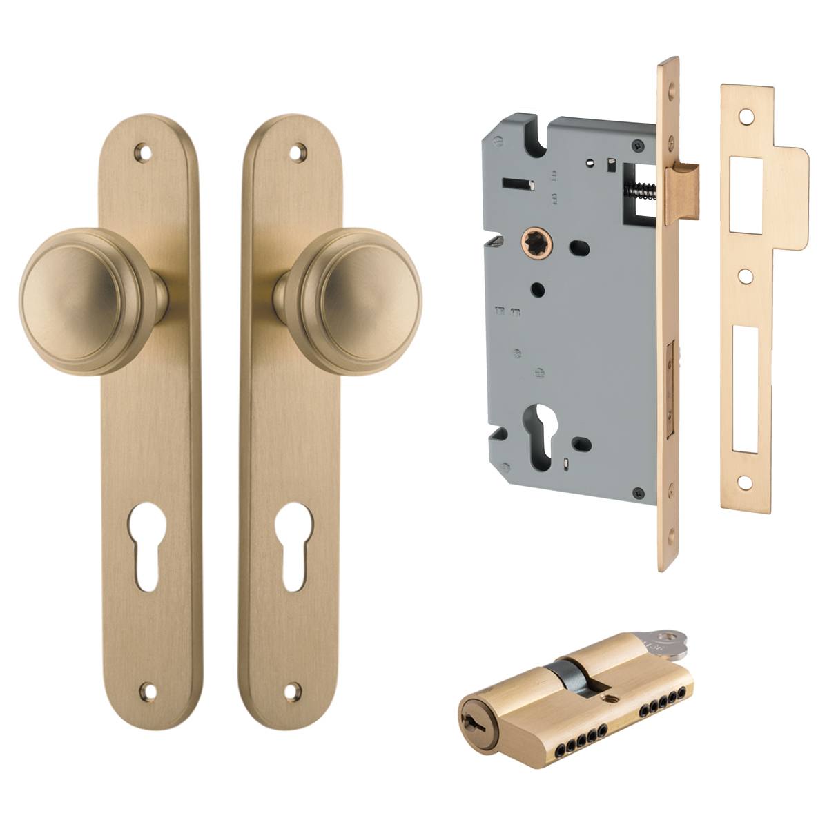 Paddington Knob Oval Backplate Entrance Kit w High Security Lock Brushed Brass