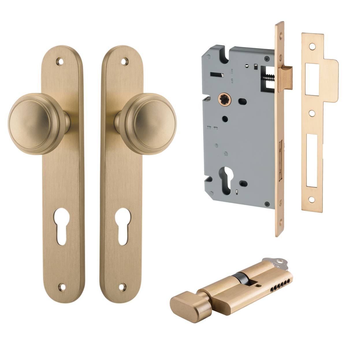 Paddington Knob Oval Backplate Entrance Kit w High Security Lock Brushed Brass