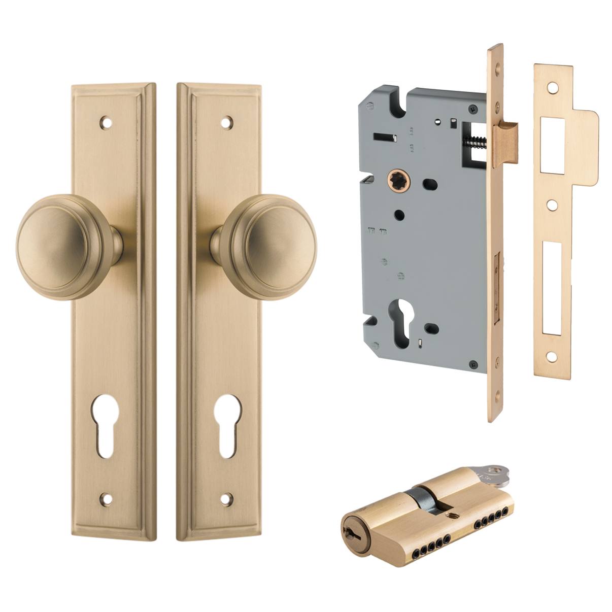 Paddington Knob Stepped Backplate Entrance Kit w High Security Lock Brushed Brass
