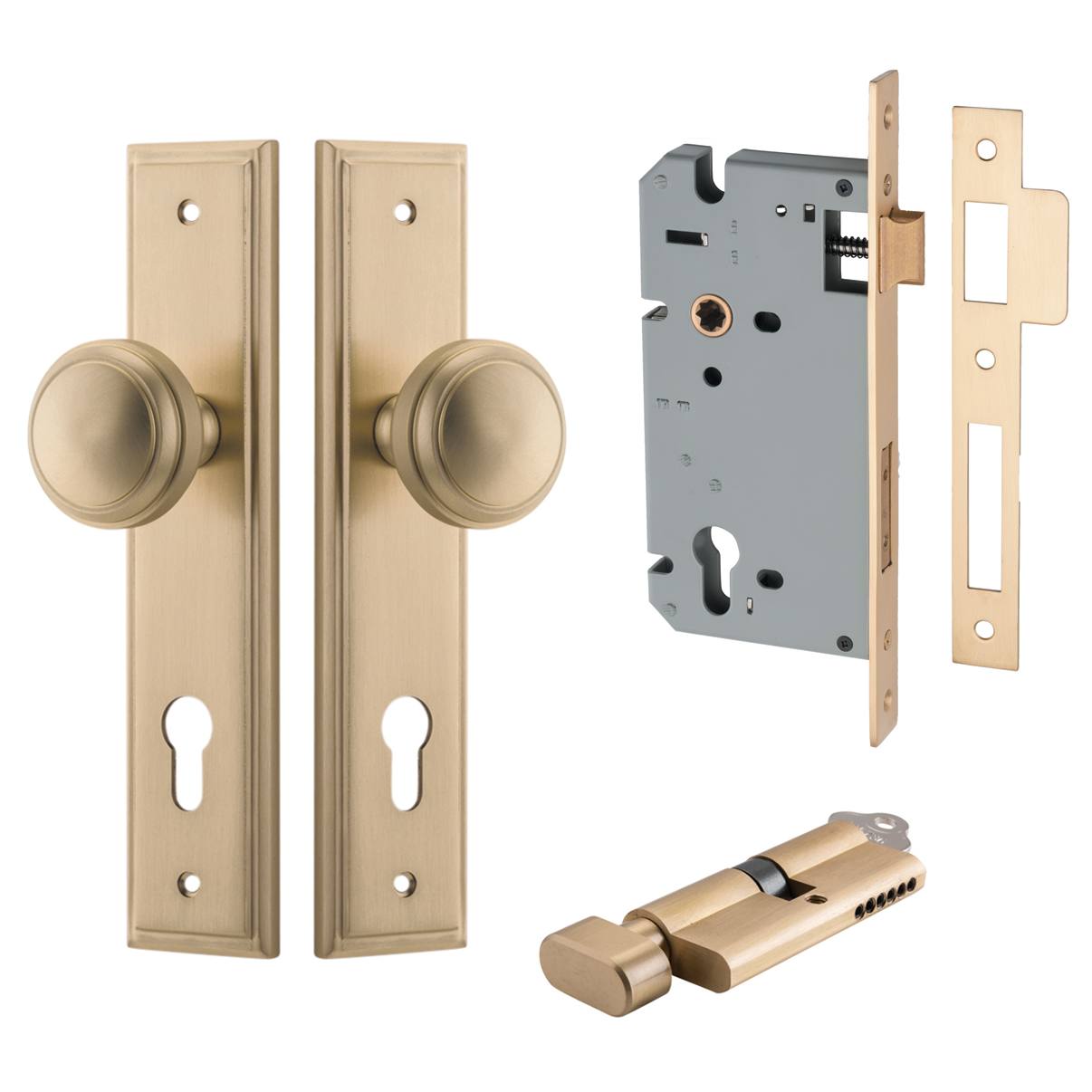 Paddington Knob Stepped Backplate Entrance Kit w High Security Lock Brushed Brass