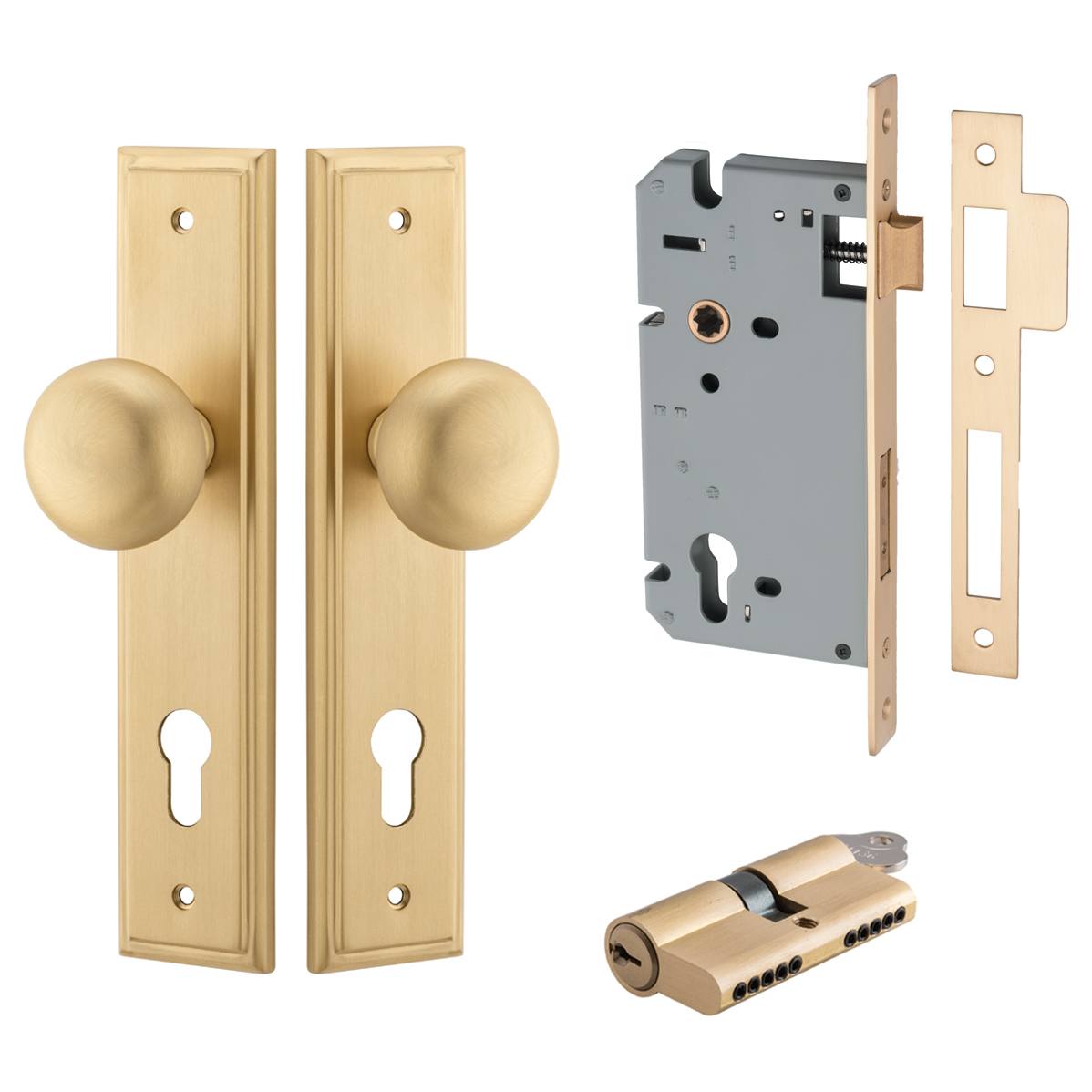 Cambridge Knob Stepped Backplate Entrance Kit w High Security Lock Brushed Brass