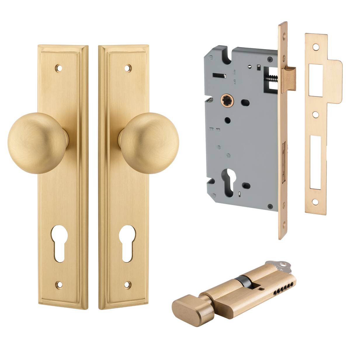 Cambridge Knob Stepped Backplate Entrance Kit w High Security Lock Brushed Brass