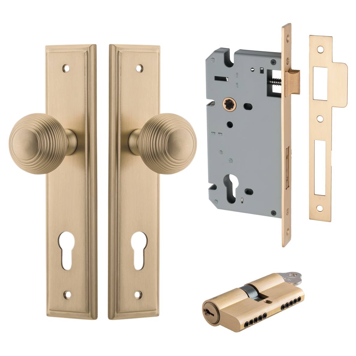 Guildford Knob Stepped Backplate Entrance Kit w High Security Lock Brushed Brass