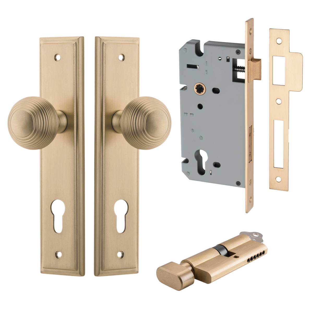 Guildford Knob Stepped Backplate Entrance Kit w High Security Lock Brushed Brass