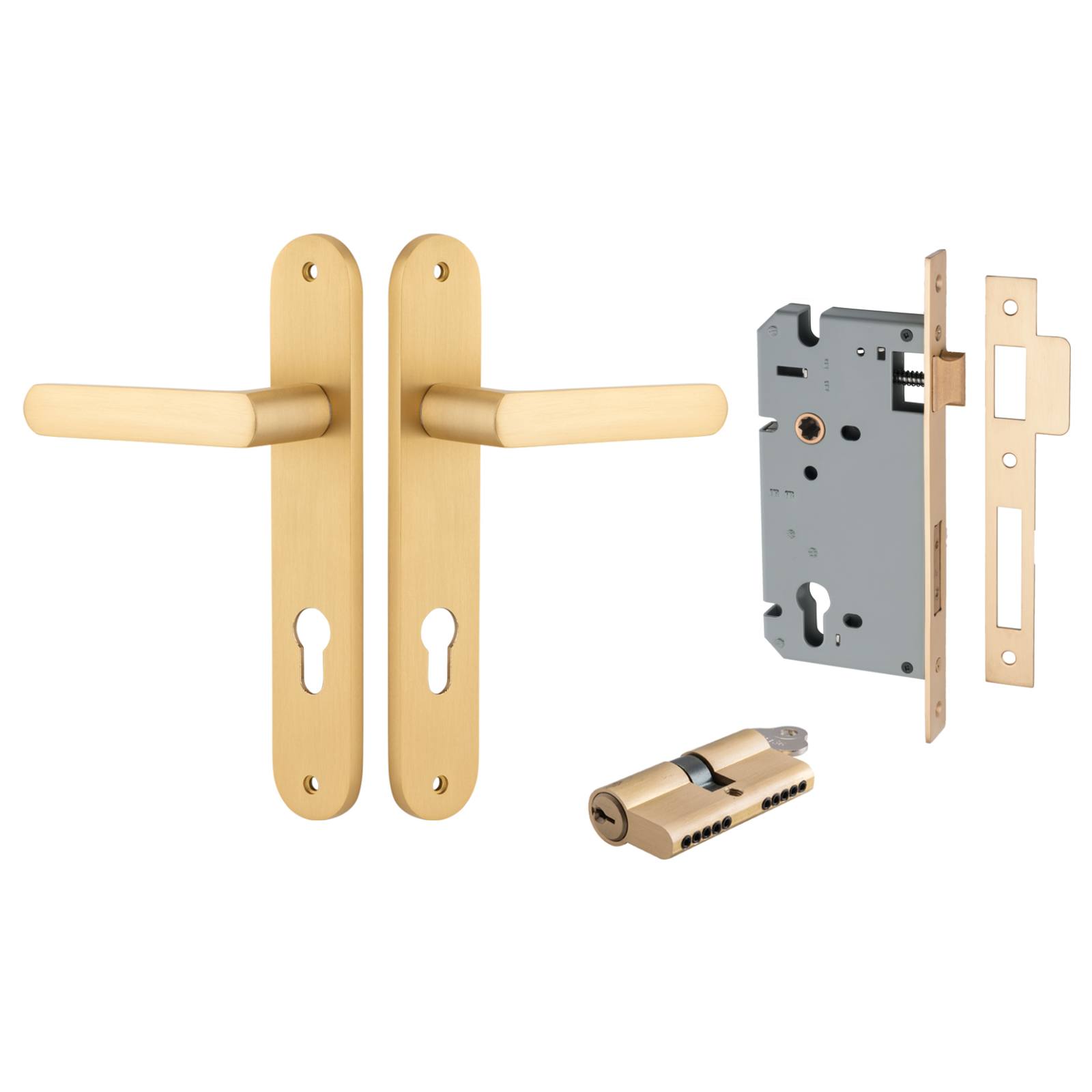 Osaka Lever Oval Backplate Entrance Kit w High Security Lock Brushed Brass