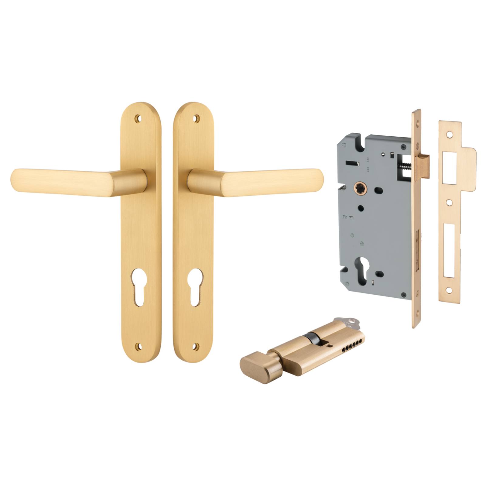 Osaka Lever Oval Backplate Entrance Kit w High Security Lock Brushed Brass