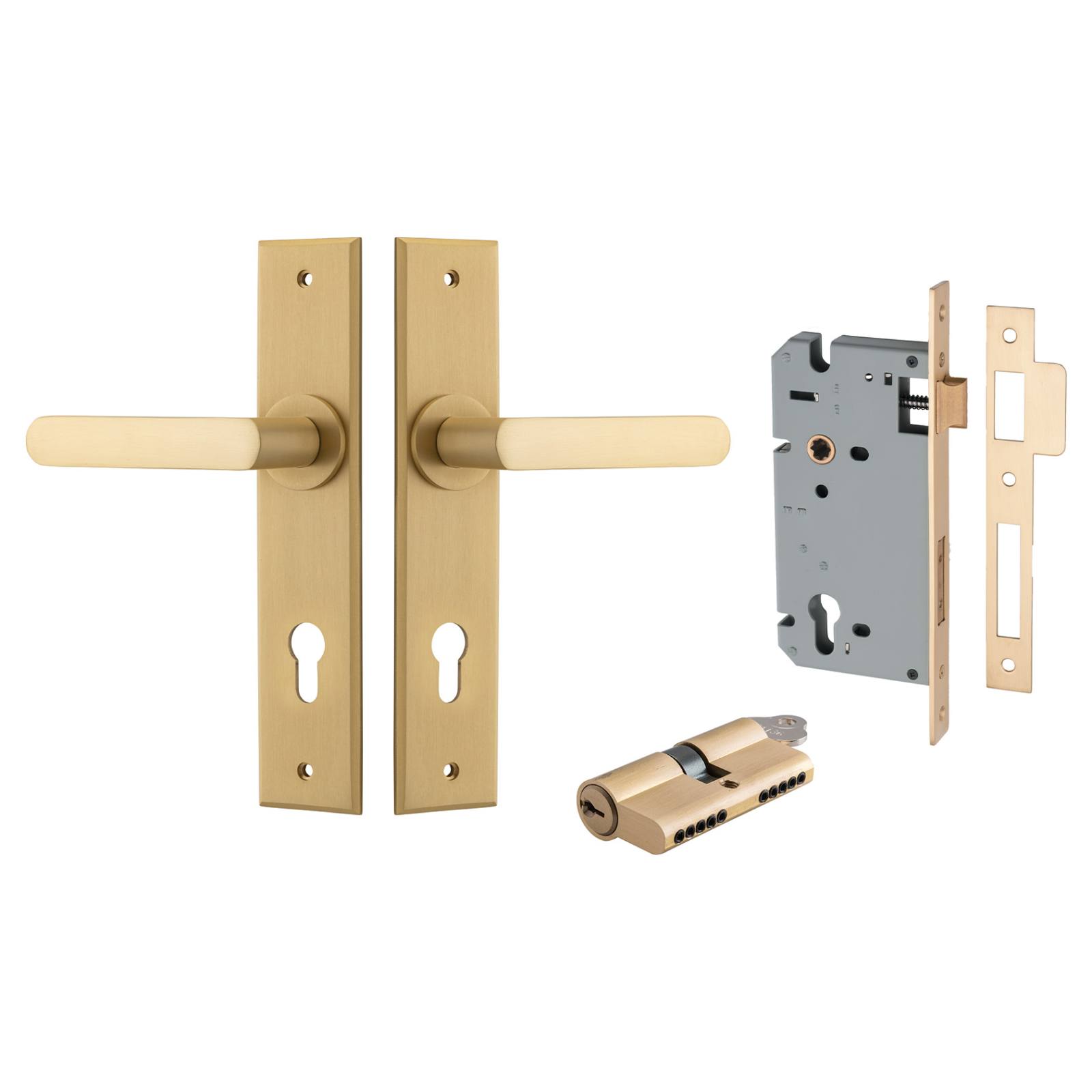 Osaka Lever Chamfered Backplate Entrance Kit w High Security Lock Brushed Brass