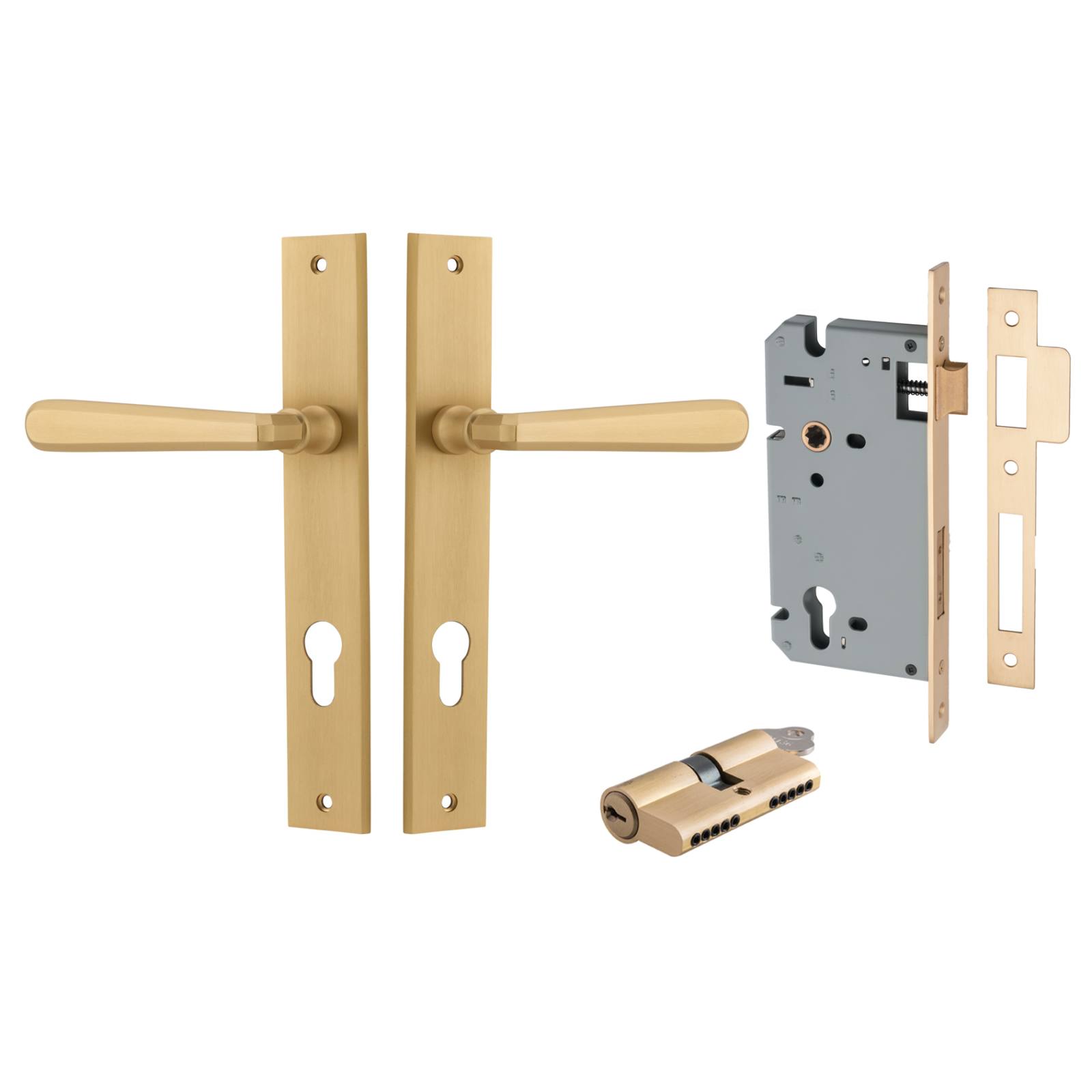 Copenhagen Lever Rectangular Backplate Entrance Kit w High Security Lock Brushed Brass