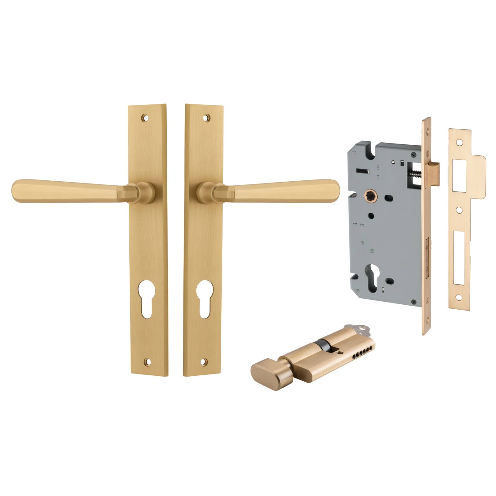 Copenhagen Lever Rectangular Backplate Entrance Kit w High Security Lock Brushed Brass
