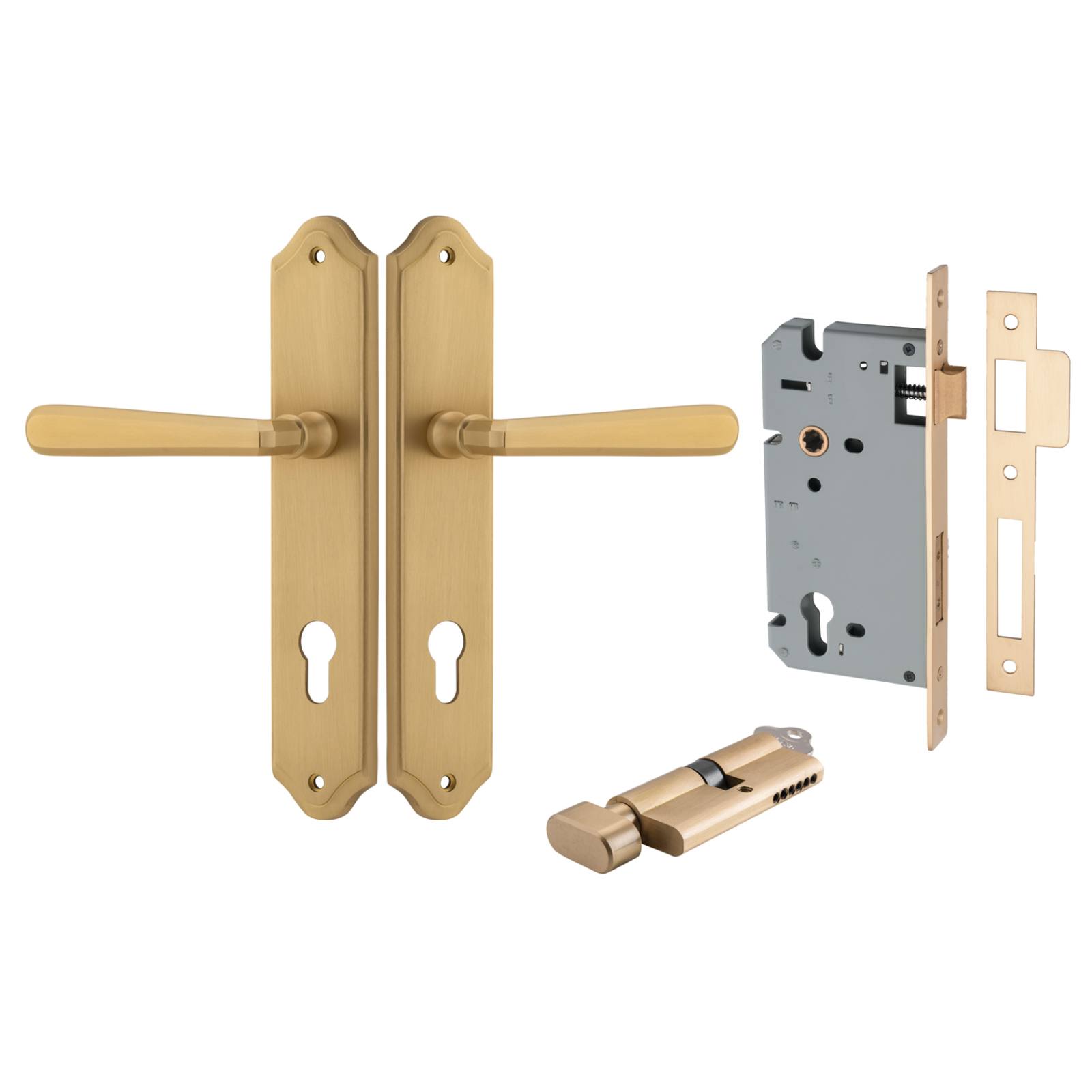 Copenhagen Lever Shouldered Backplate Entrance Kit w High Security Lock Brushed Brass