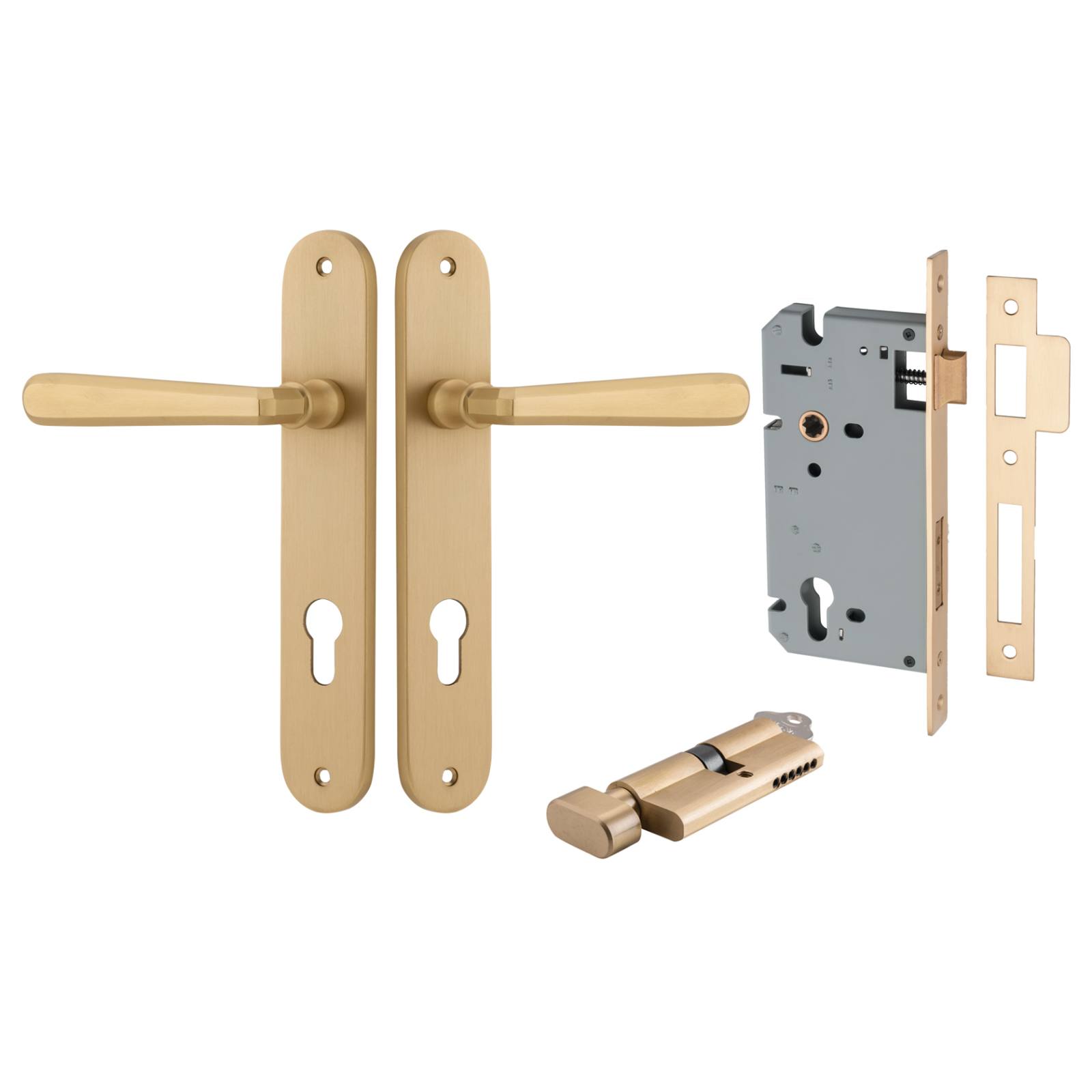 Copenhagen Lever Oval Backplate Entrance Kit w High Security Lock Brushed Brass