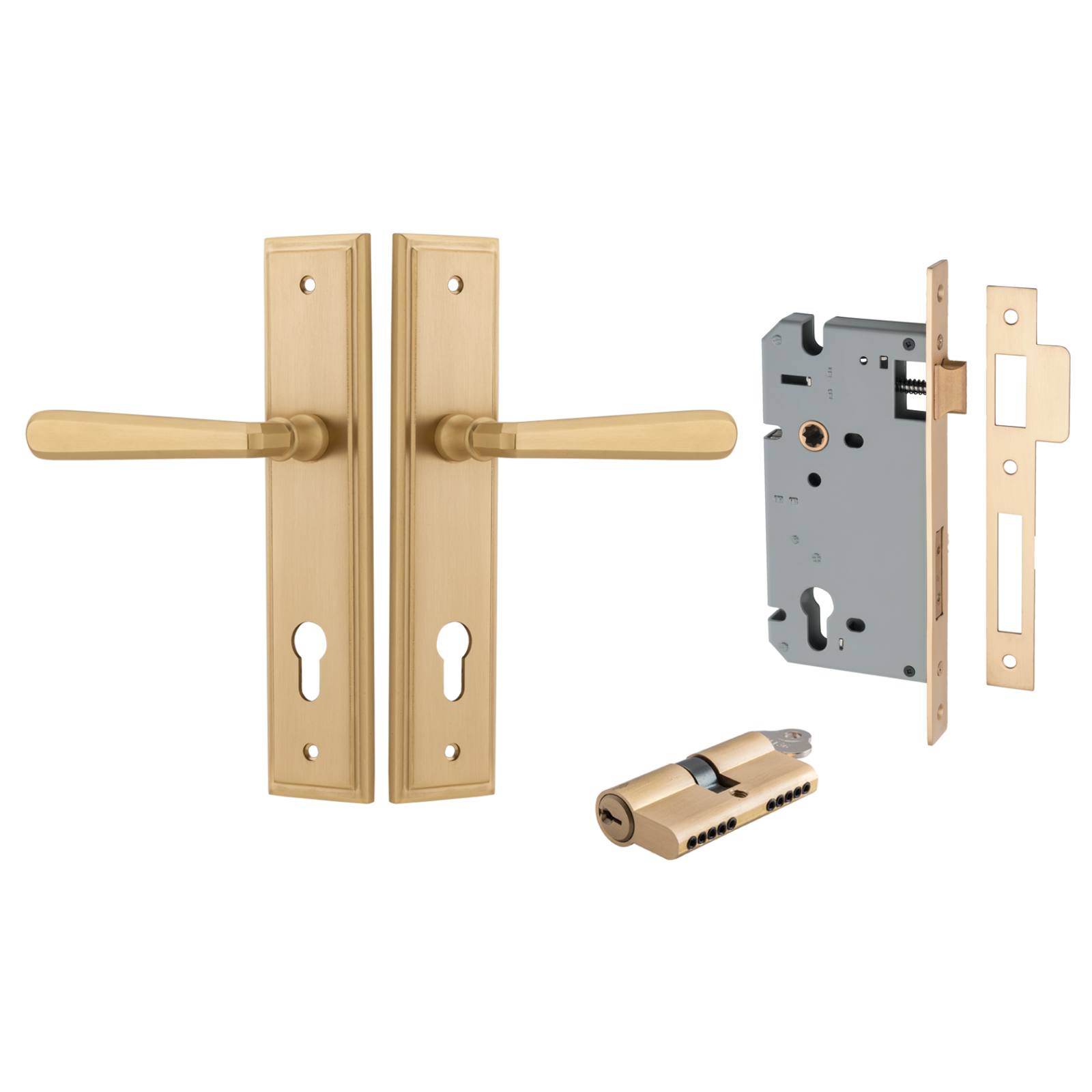 Copenhagen Lever Stepped Backplate Entrance Kit w High Security Lock Brushed Brass