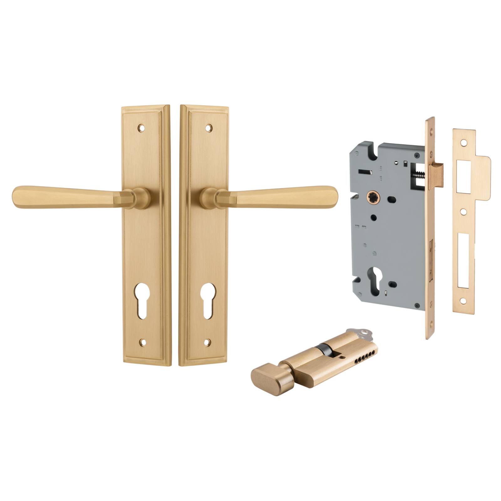 Copenhagen Lever Stepped Backplate Entrance Kit w High Security Lock Brushed Brass