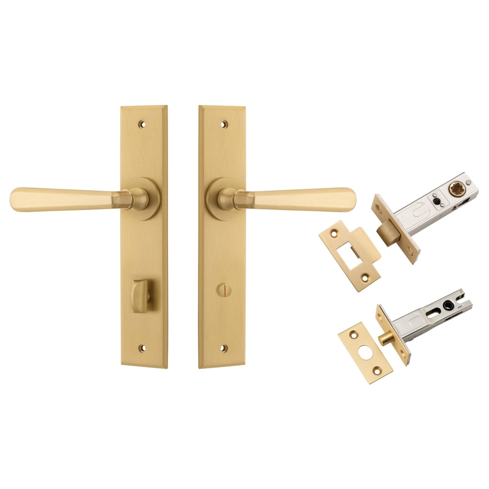 Copenhagen Lever Chamfered Backplate Privacy Kit w Privacy Turn Brushed Brass