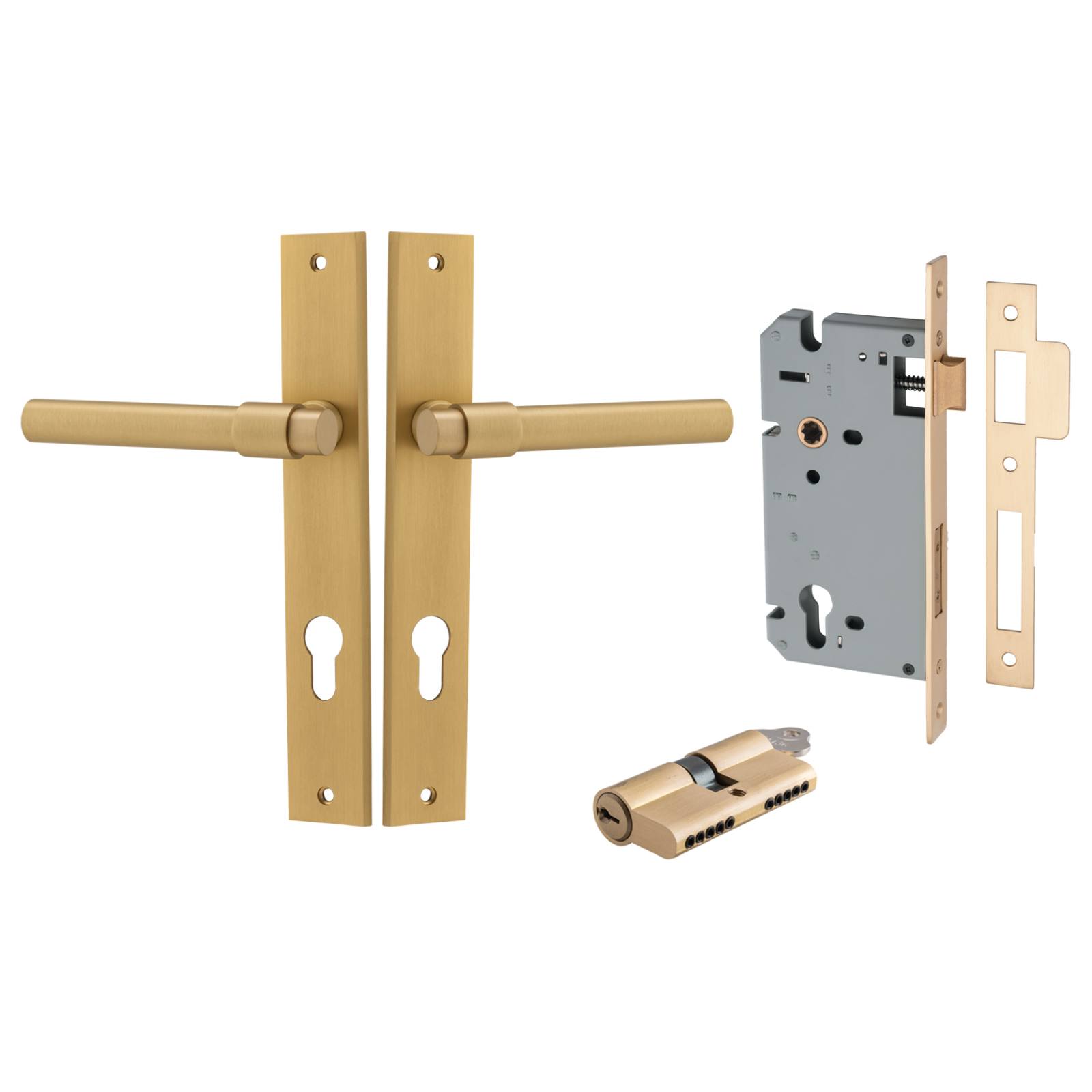 Helsinki Lever Rectangular Backplate Entrance Kit w High Security Lock Brushed Brass