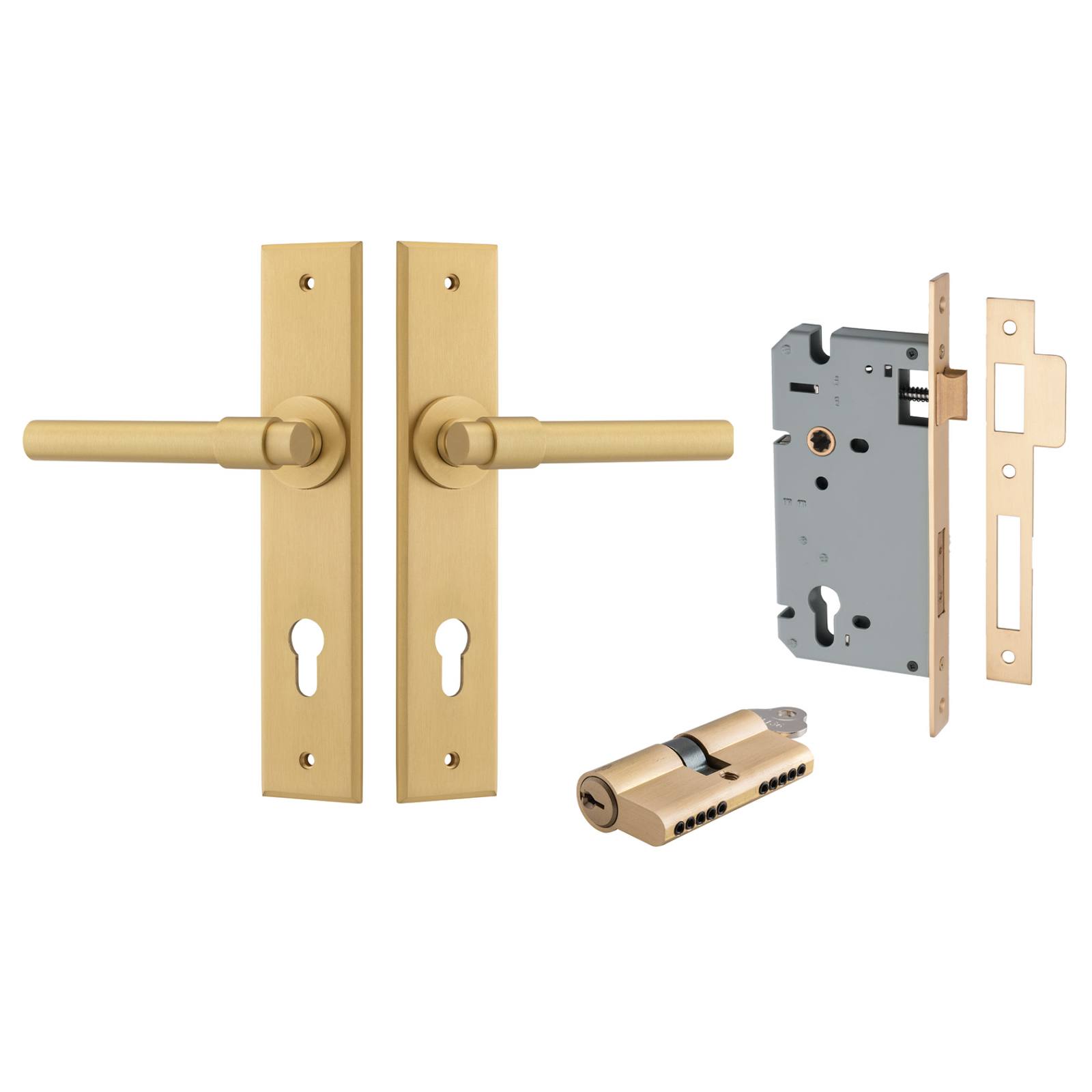 Helsinki Lever Chamfered Backplate Entrance Kit w High Security Lock Brushed Brass