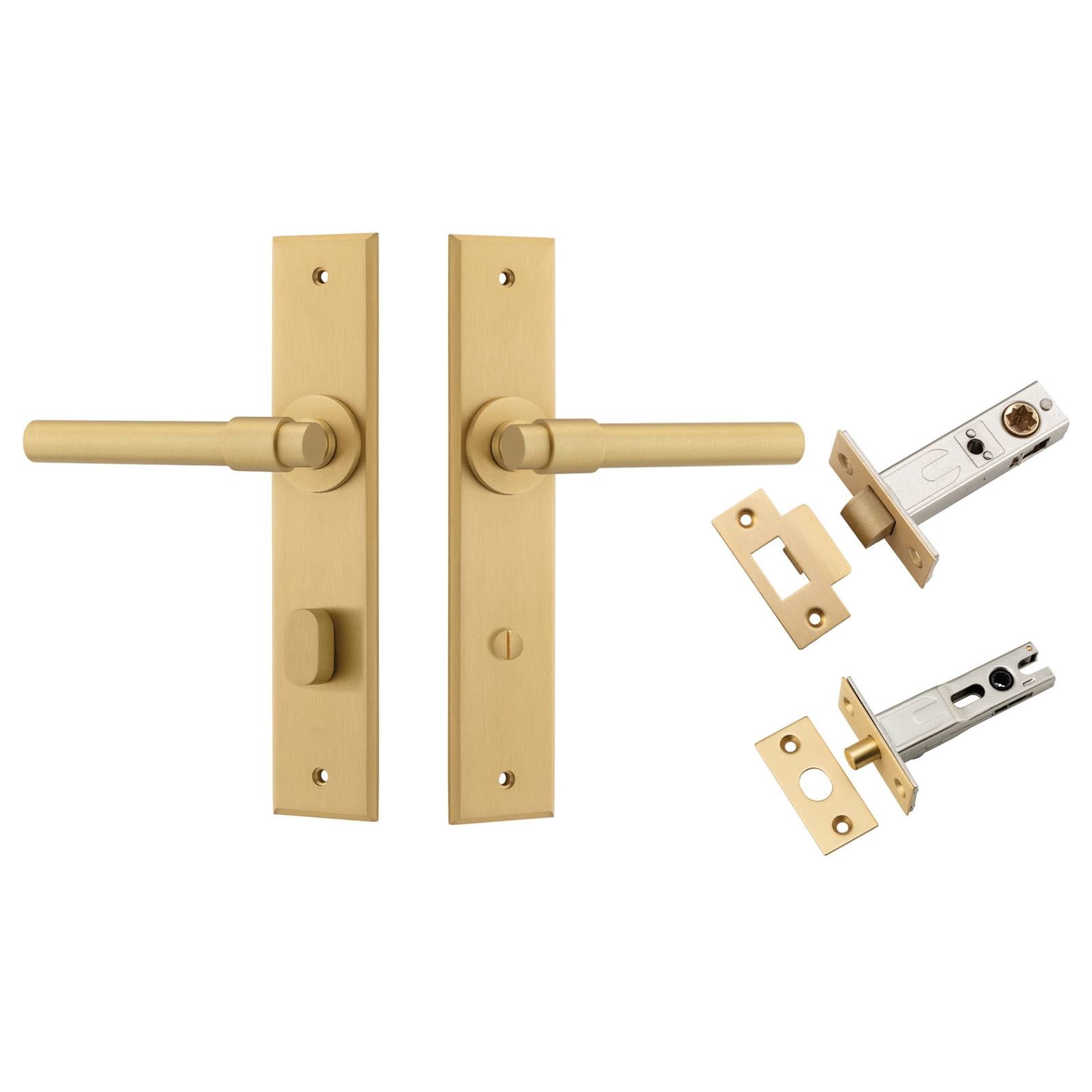 Helsinki Lever Chamfered Backplate Privacy Kit w Privacy Turn Brushed Brass