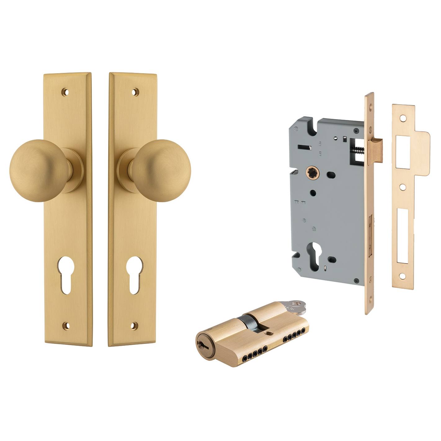 Cambridge Knob Chamfered Backplate Entrance Kit w High Security Lock Brushed Brass