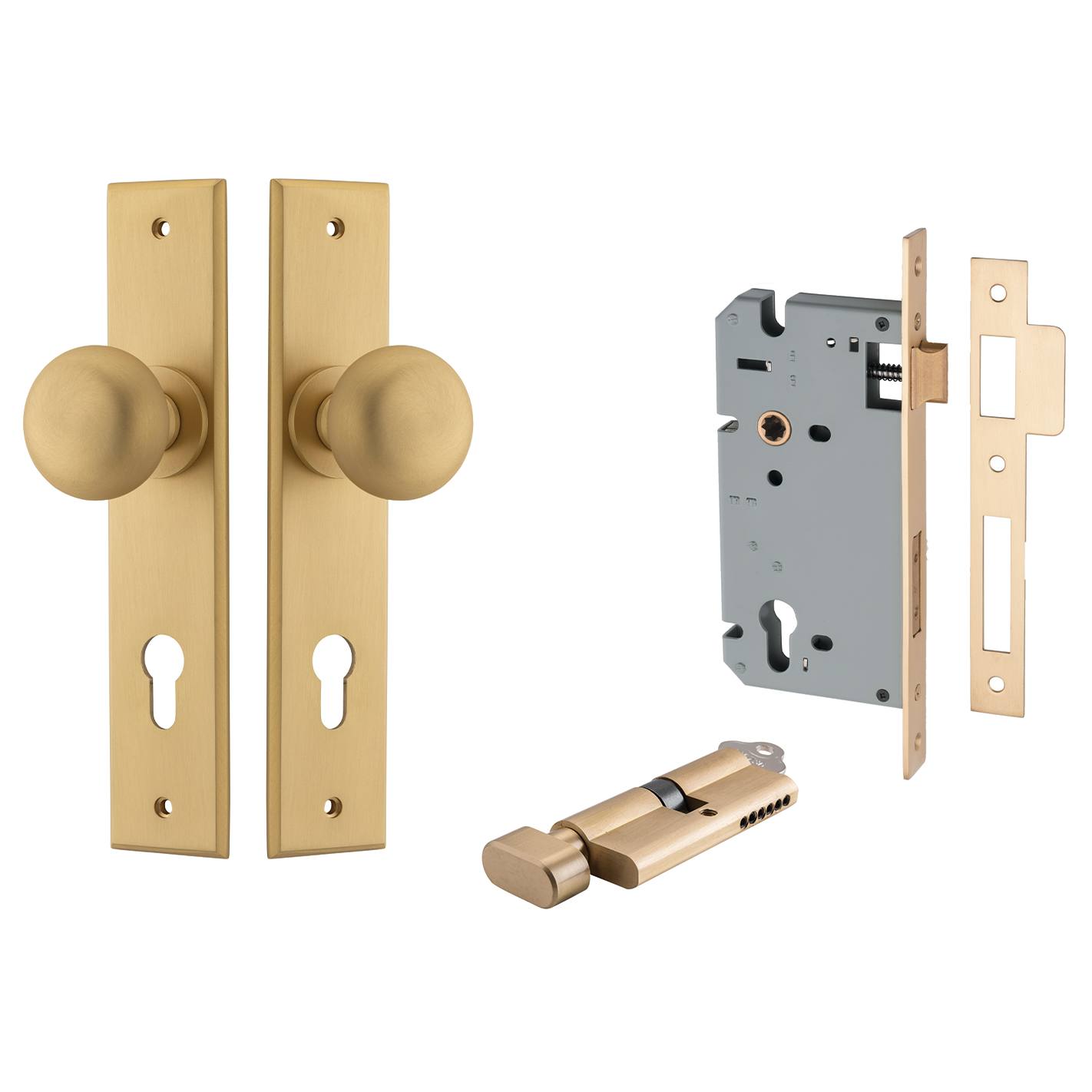 Cambridge Knob Chamfered Backplate Entrance Kit w High Security Lock Brushed Brass
