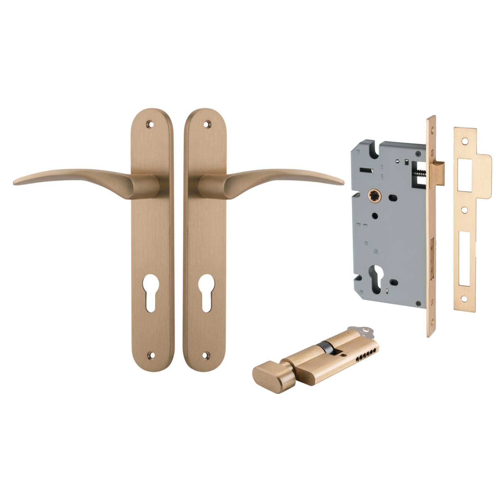 Oxford Lever Oval Backplate Entrance Kit w High Security Lock Brushed Brass