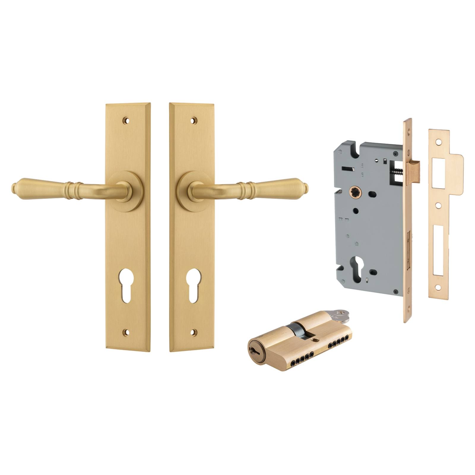 Sarlat Lever Chamfered Backplate Entrance Kit w High Security Lock Brushed Brass