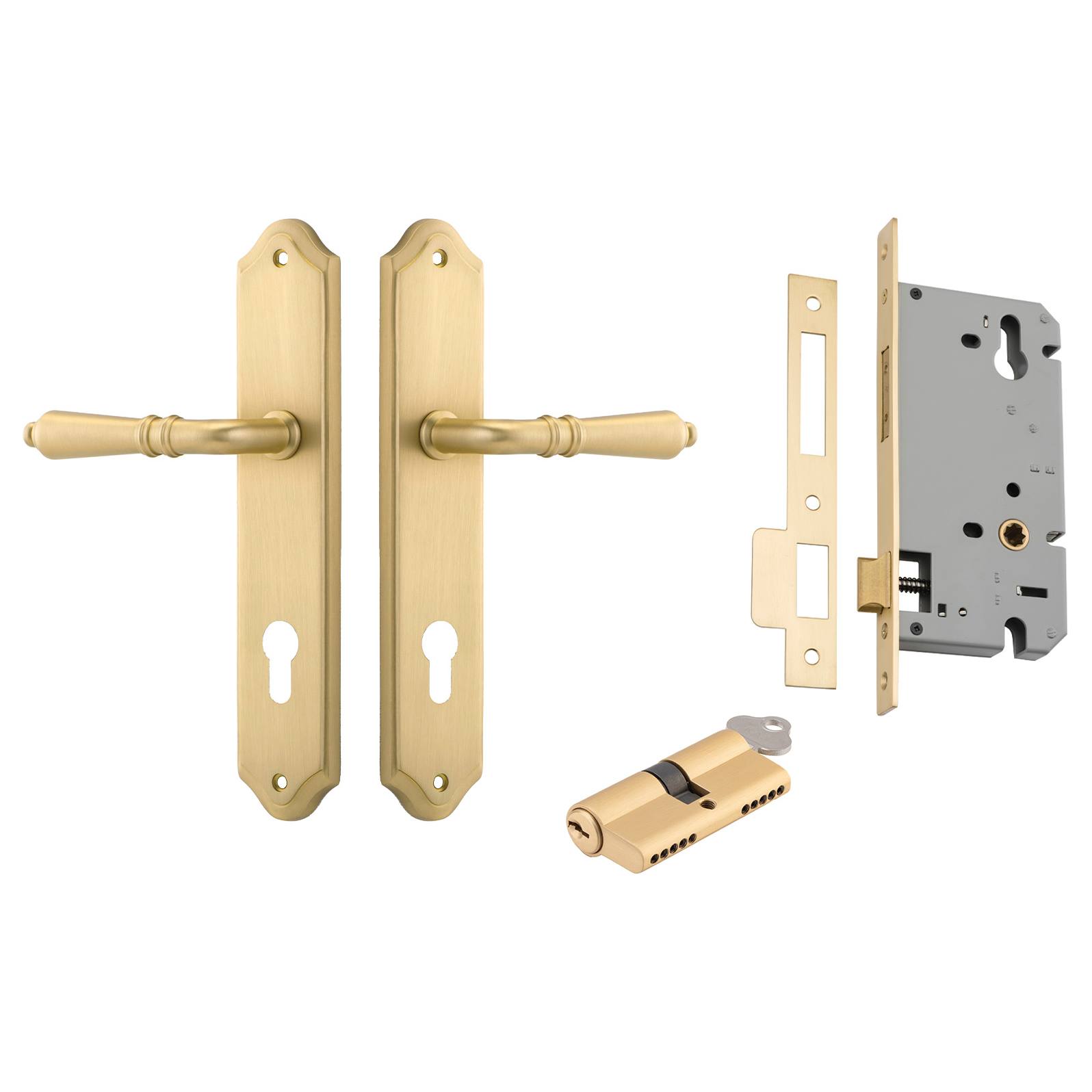 Sarlat Lever Shouldered Backplate Entrance Kit w High Security Lock Brushed Gold PVD