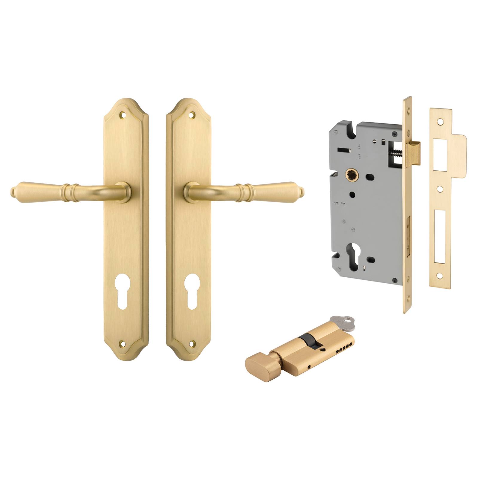 Sarlat Lever Shouldered Backplate Entrance Kit w High Security Lock Brushed Gold PVD