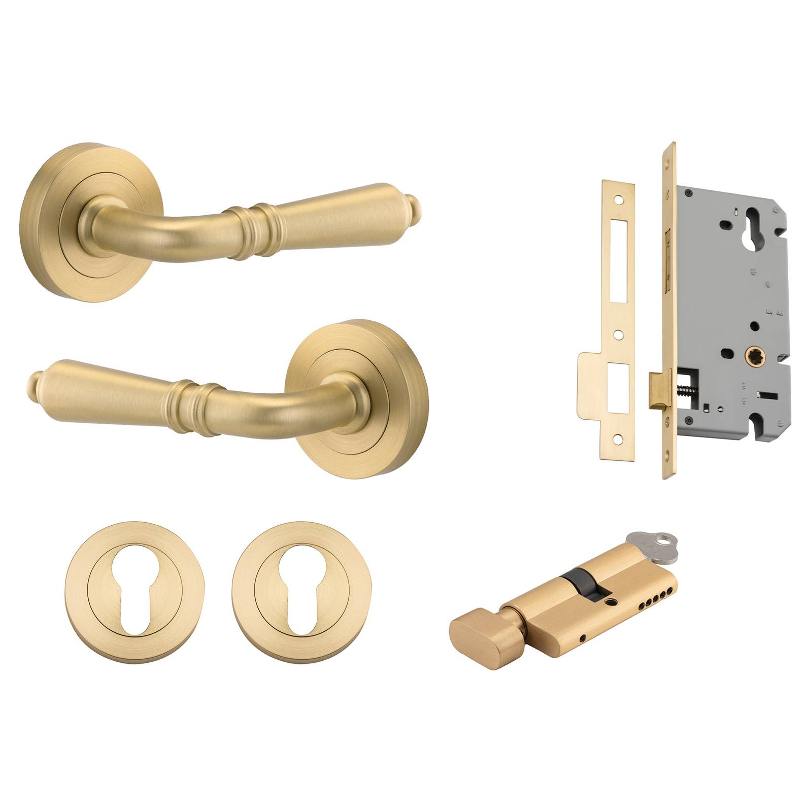 Sarlat Lever Round Rose Entrance Kit w Separate High Security Lock Brushed Gold PVD