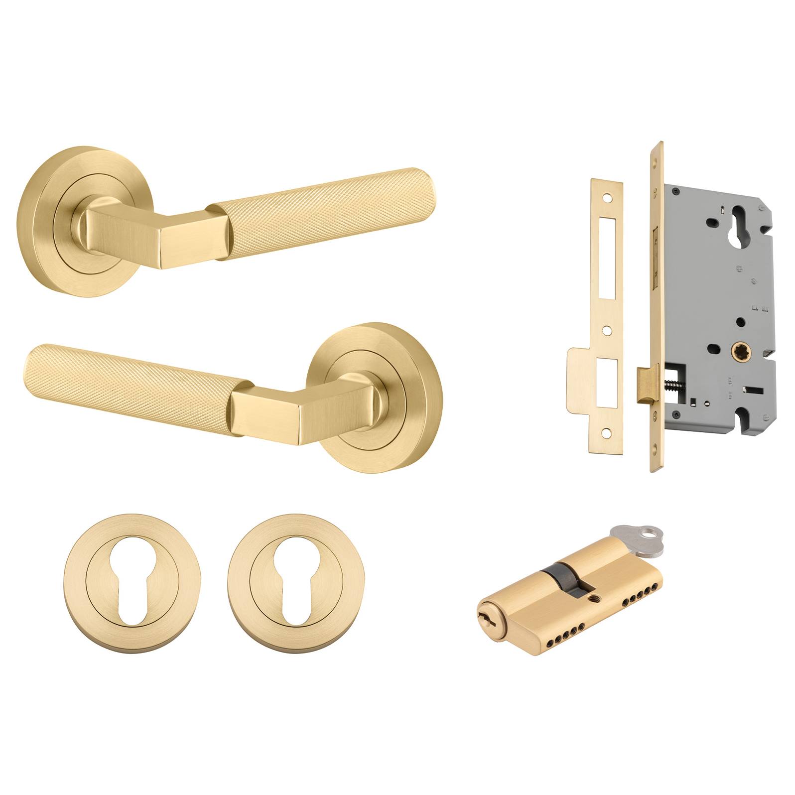 Brunswick Lever Round Rose Entrance Kit w High Security Lock Brushed Gold PVD