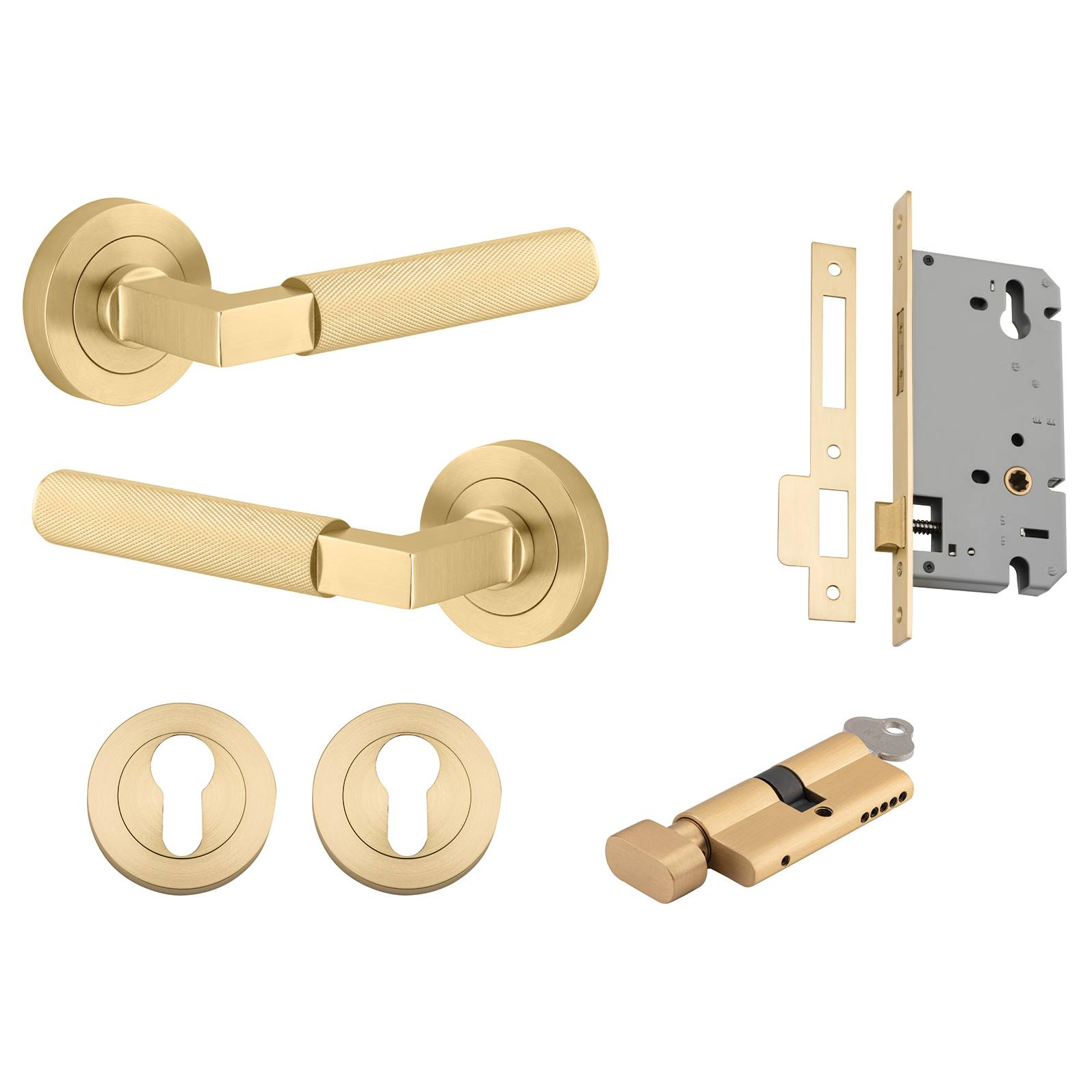 Brunswick Lever Round Rose Entrance Kit w High Security Lock Brushed Gold PVD
