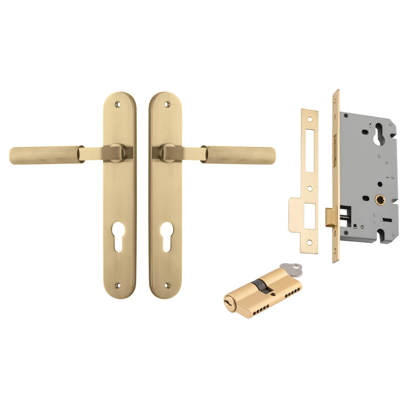 Brunswick Lever Oval Backplate Entrance Kit w High Security Lock Brushed Gold PVD