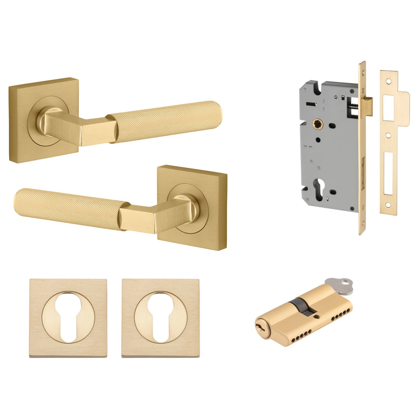 Brunswick Lever Square Rose Entrance Kit w High Security Lock Brushed Gold PVD