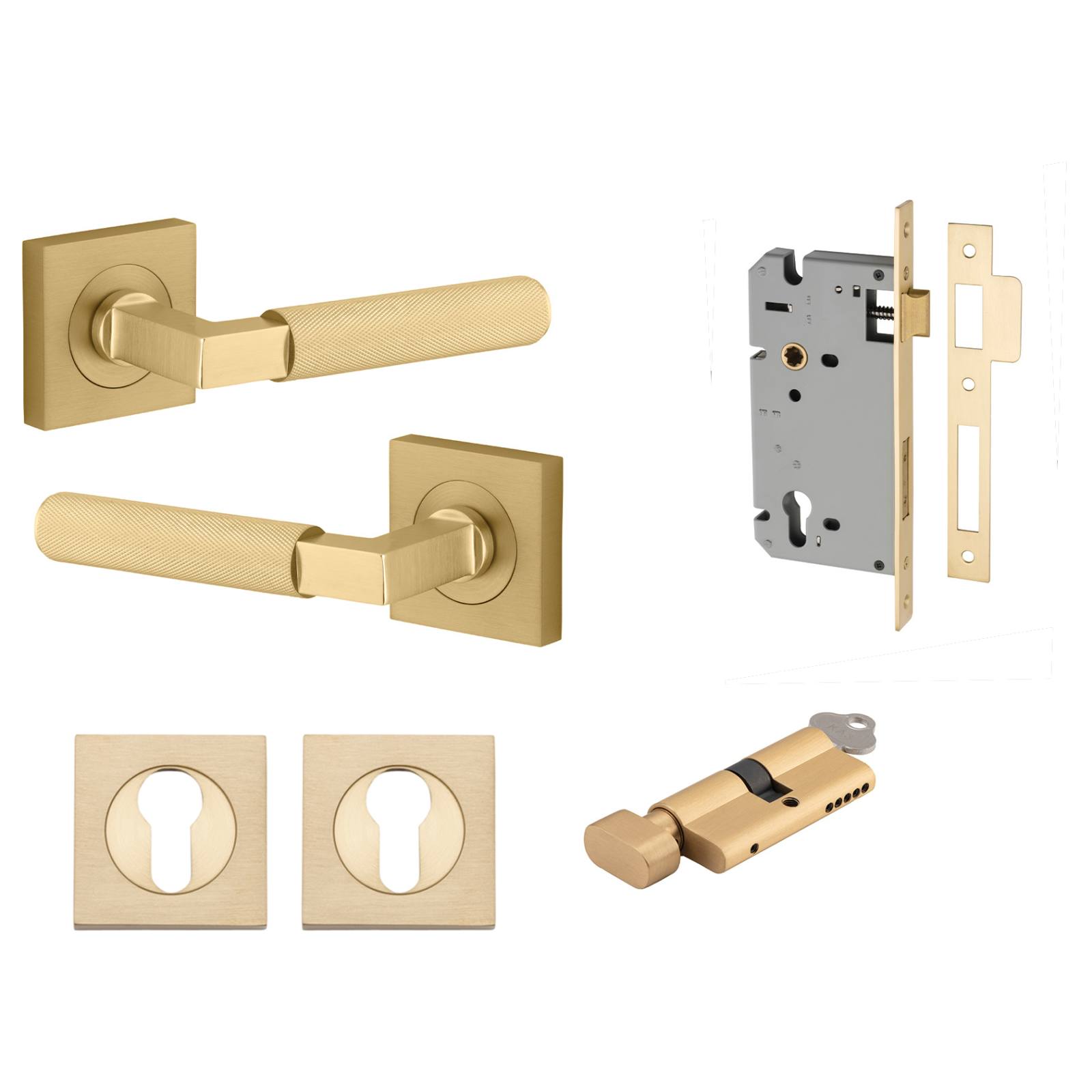 Brunswick Lever Square Rose Entrance Kit w High Security Lock Brushed Gold PVD