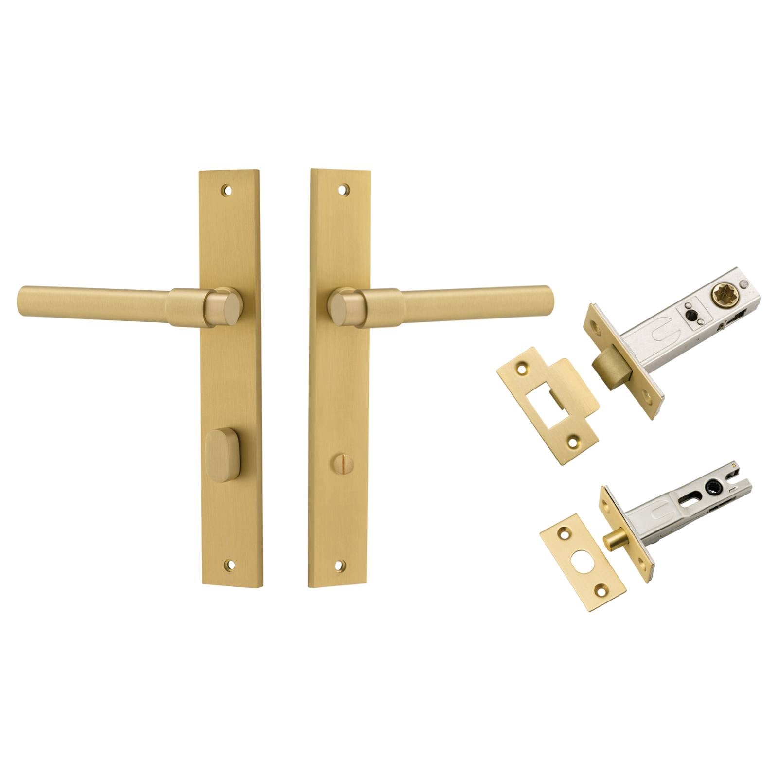Helsinki Lever Rectangular Backplate Privacy Kit w Privacy Turn Brushed Gold PVD