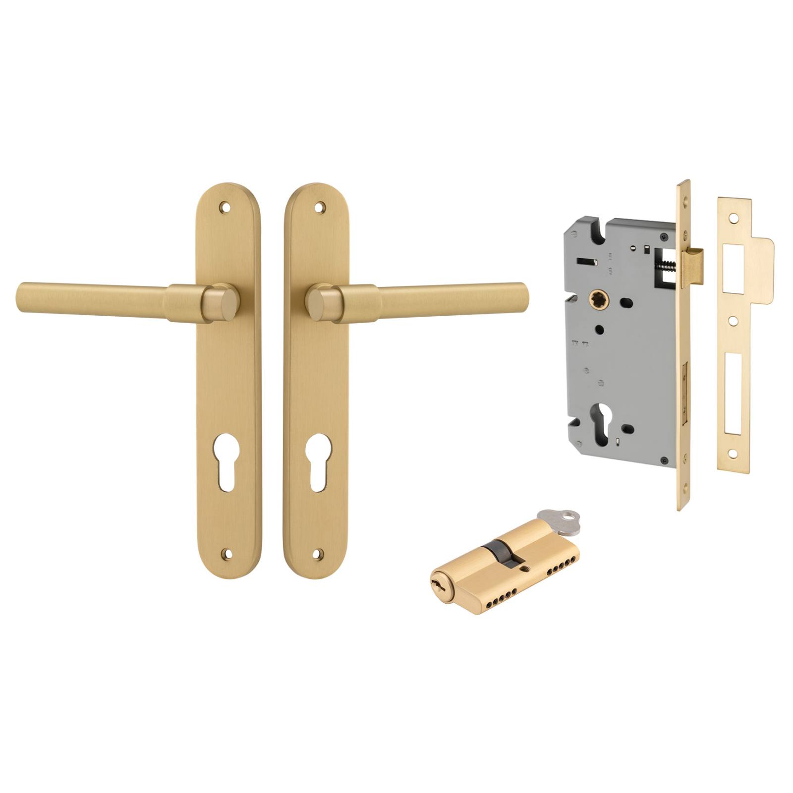 Helsinki Lever Oval Backplate Entrance Kit w High Security Lock Brushed Gold PVD