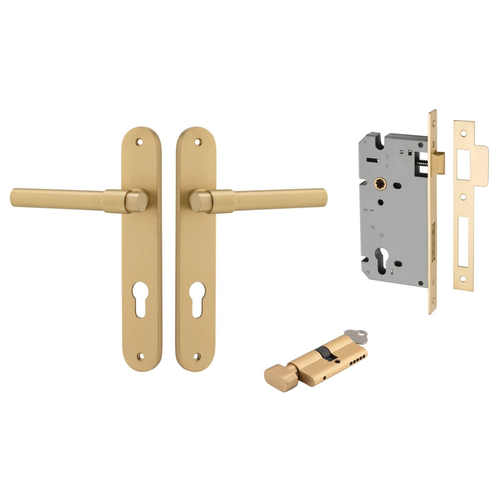 Helsinki Lever Oval Backplate Entrance Kit w High Security Lock Brushed Gold PVD