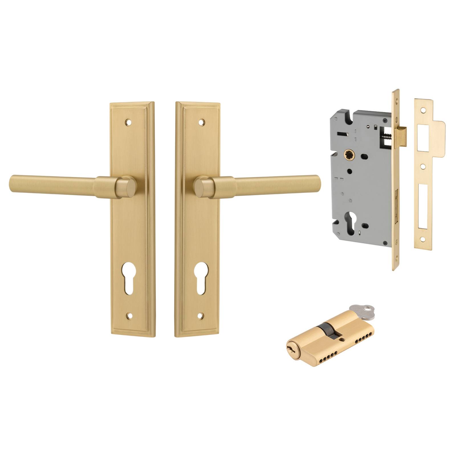Helsinki Lever Stepped Backplate Entrance Kit w High Security Lock Brushed Gold PVD