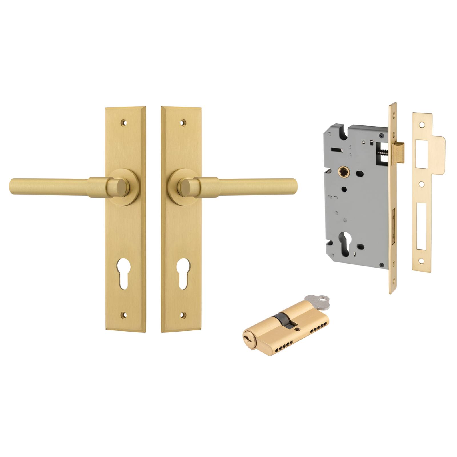 Helsinki Lever Chamfered Backplate Entrance Kit w High Security Lock Brushed Gold PVD