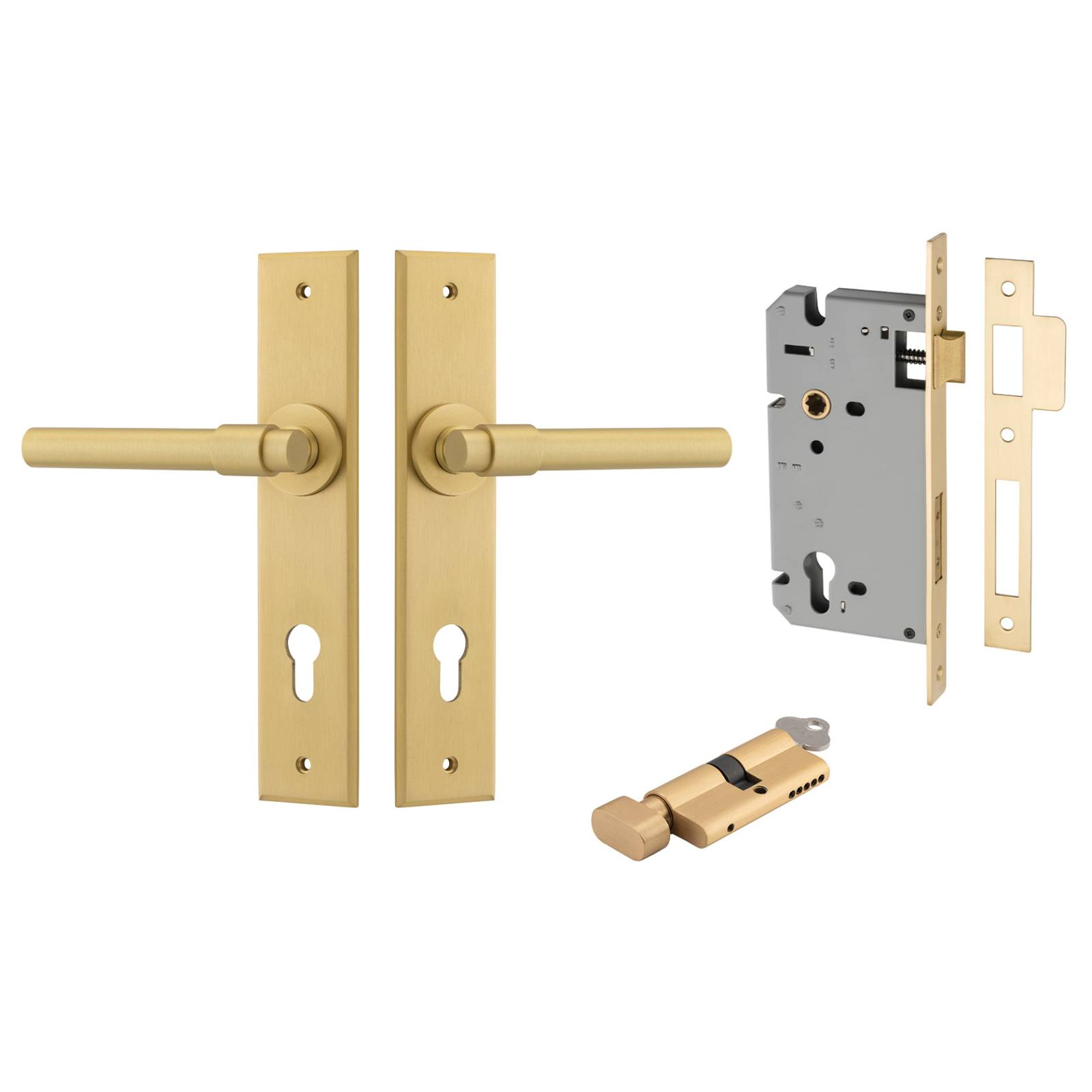 Helsinki Lever Chamfered Backplate Entrance Kit w High Security Lock Brushed Gold PVD