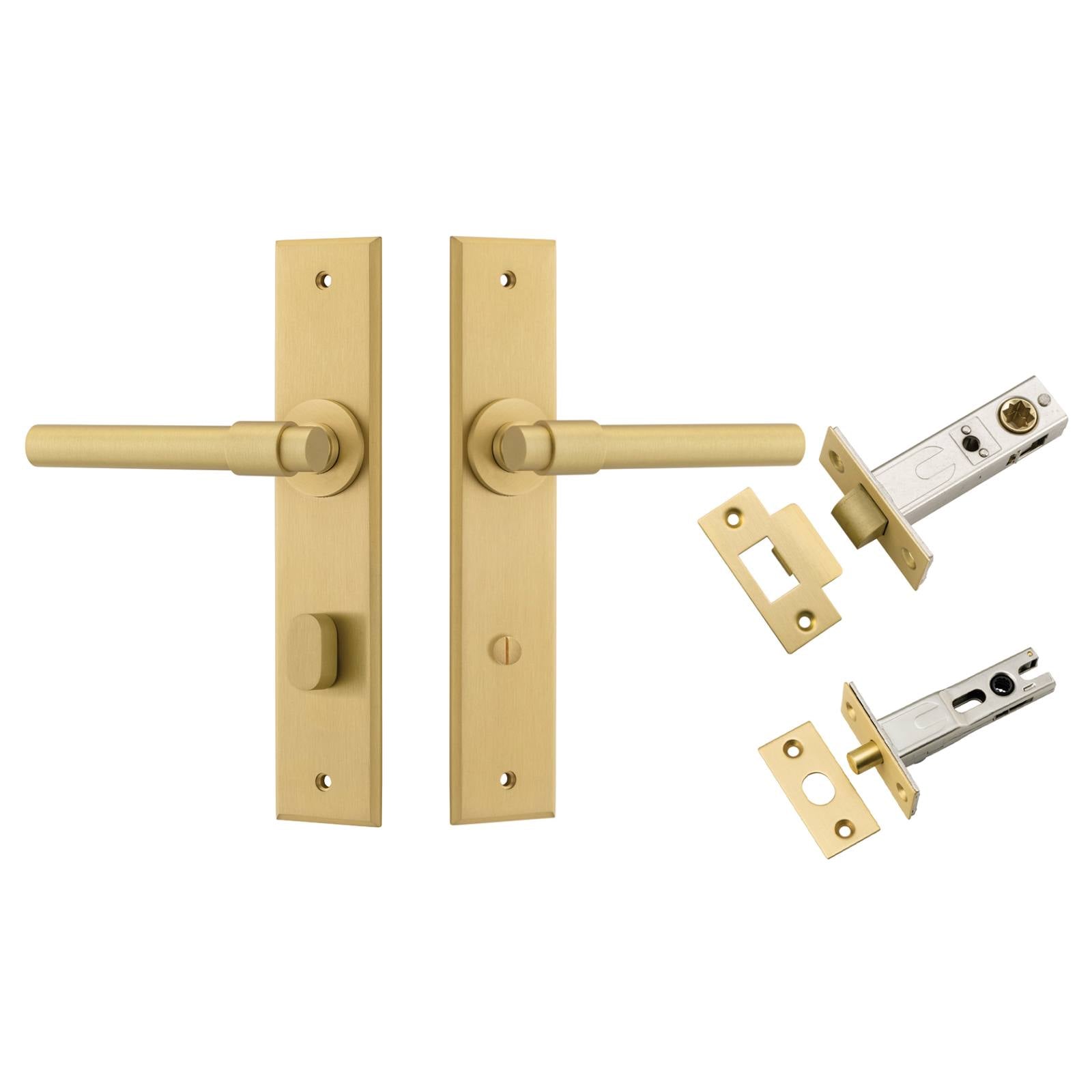 Helsinki Lever Chamfered Backplate Privacy Kit w Privacy Turn Brushed Gold PVD
